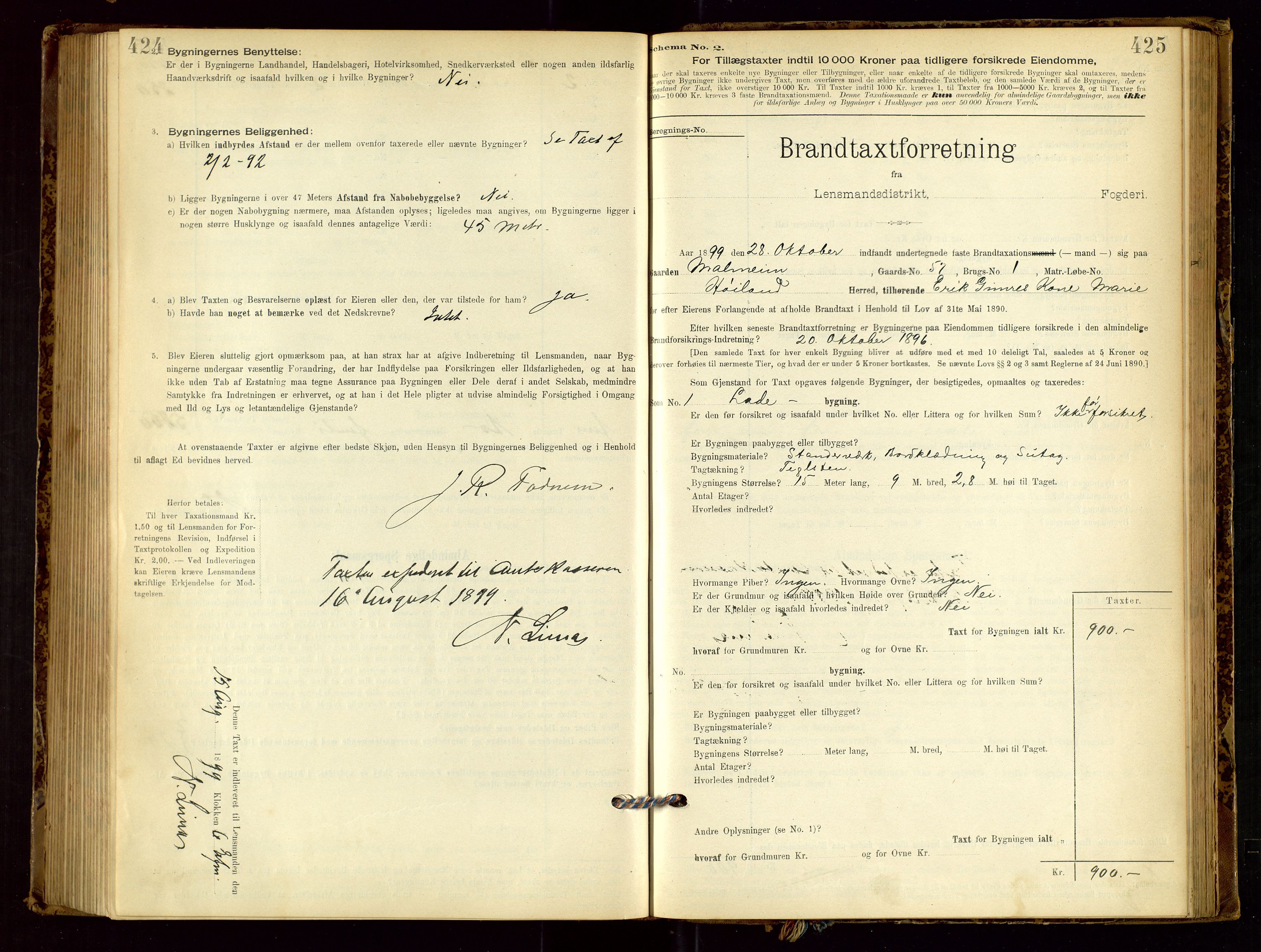 Høyland/Sandnes lensmannskontor, SAST/A-100166/Gob/L0001: "Brandtaxtprotokol", 1890-1913, p. 424-425