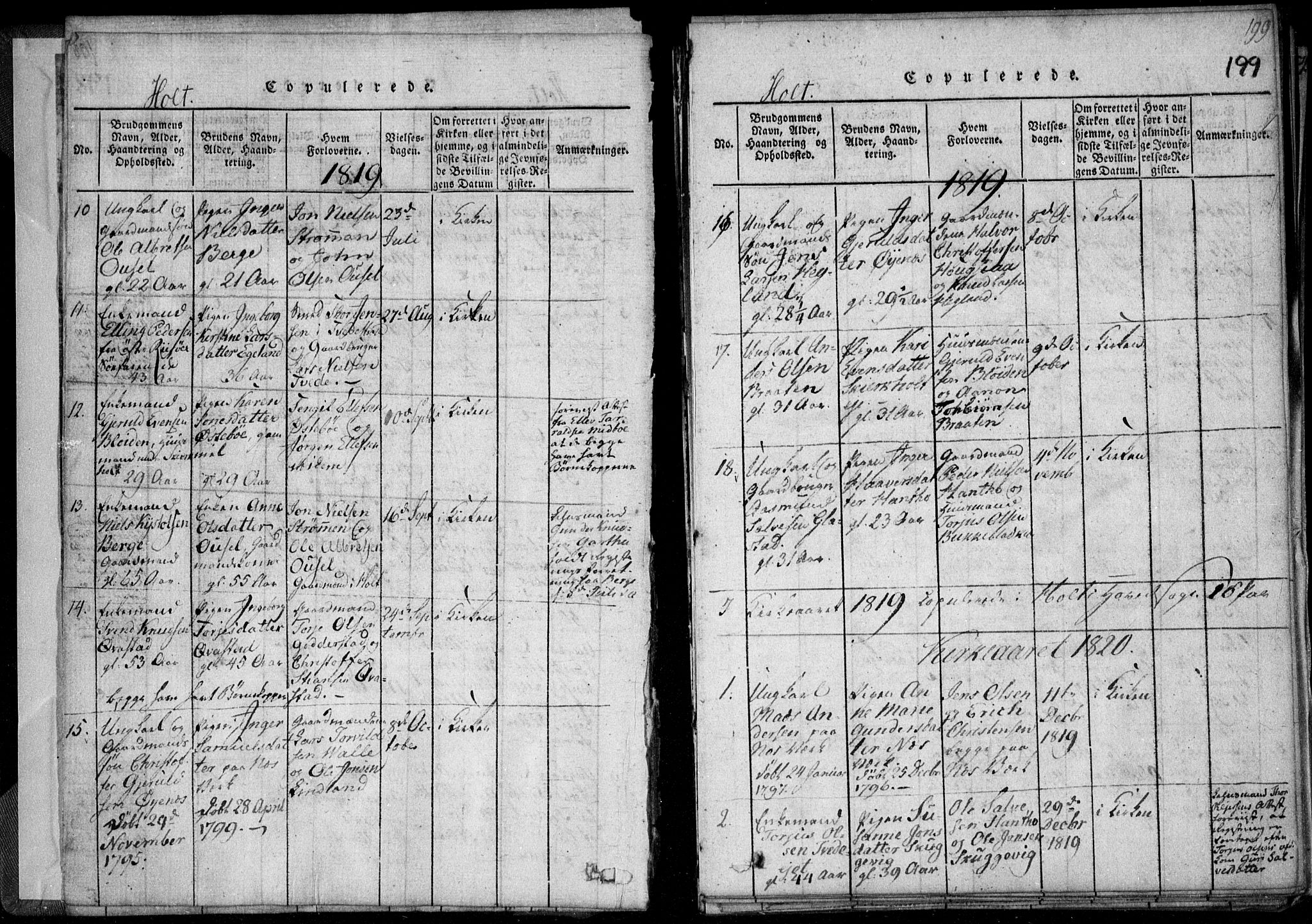 Holt sokneprestkontor, AV/SAK-1111-0021/F/Fa/L0005: Parish register (official) no. A 5, 1813-1821, p. 199