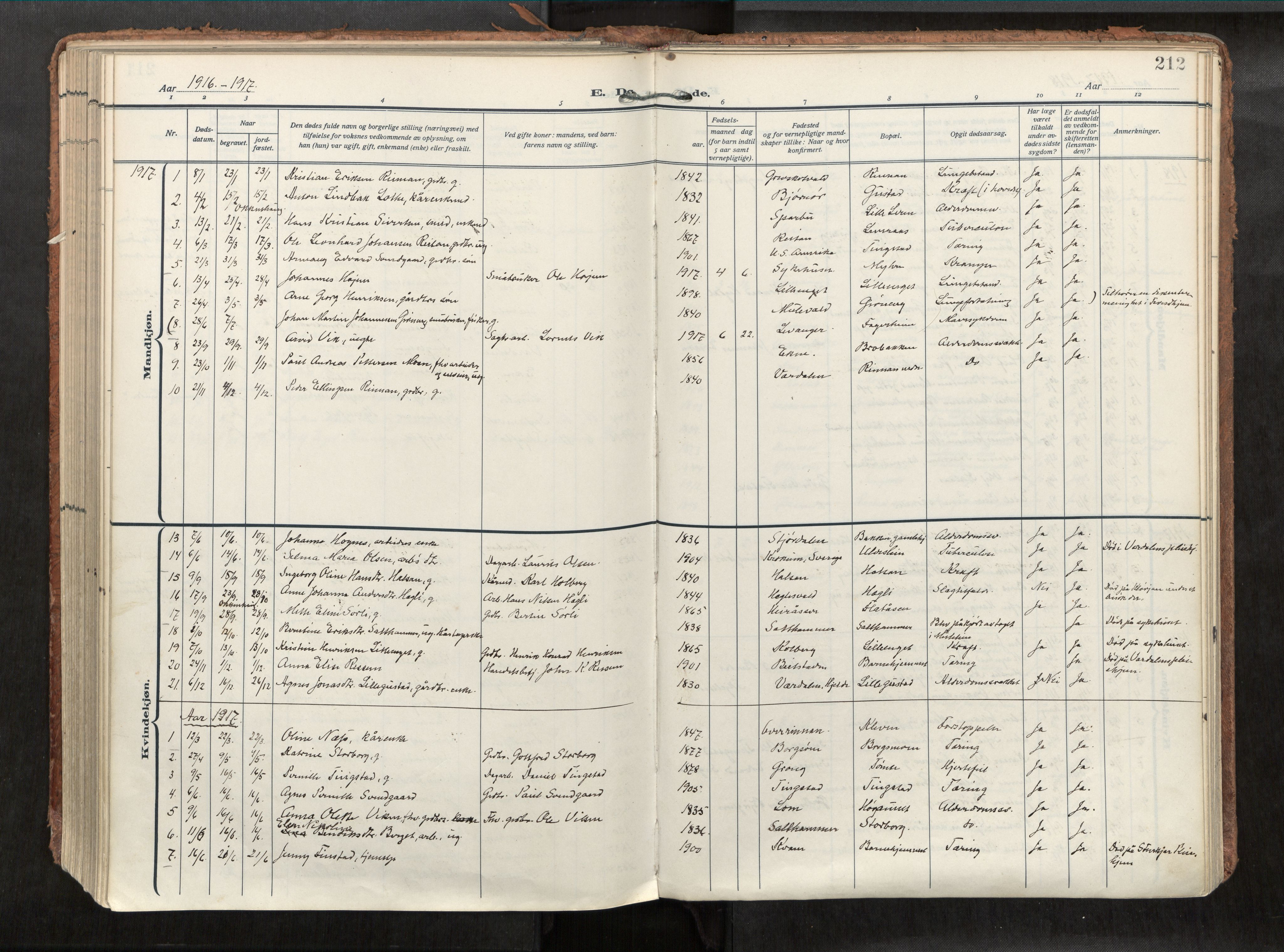 Levanger sokneprestkontor, SAT/A-1301/2/H/Haa/L0002: Parish register (official) no. 2, 1912-1935, p. 212