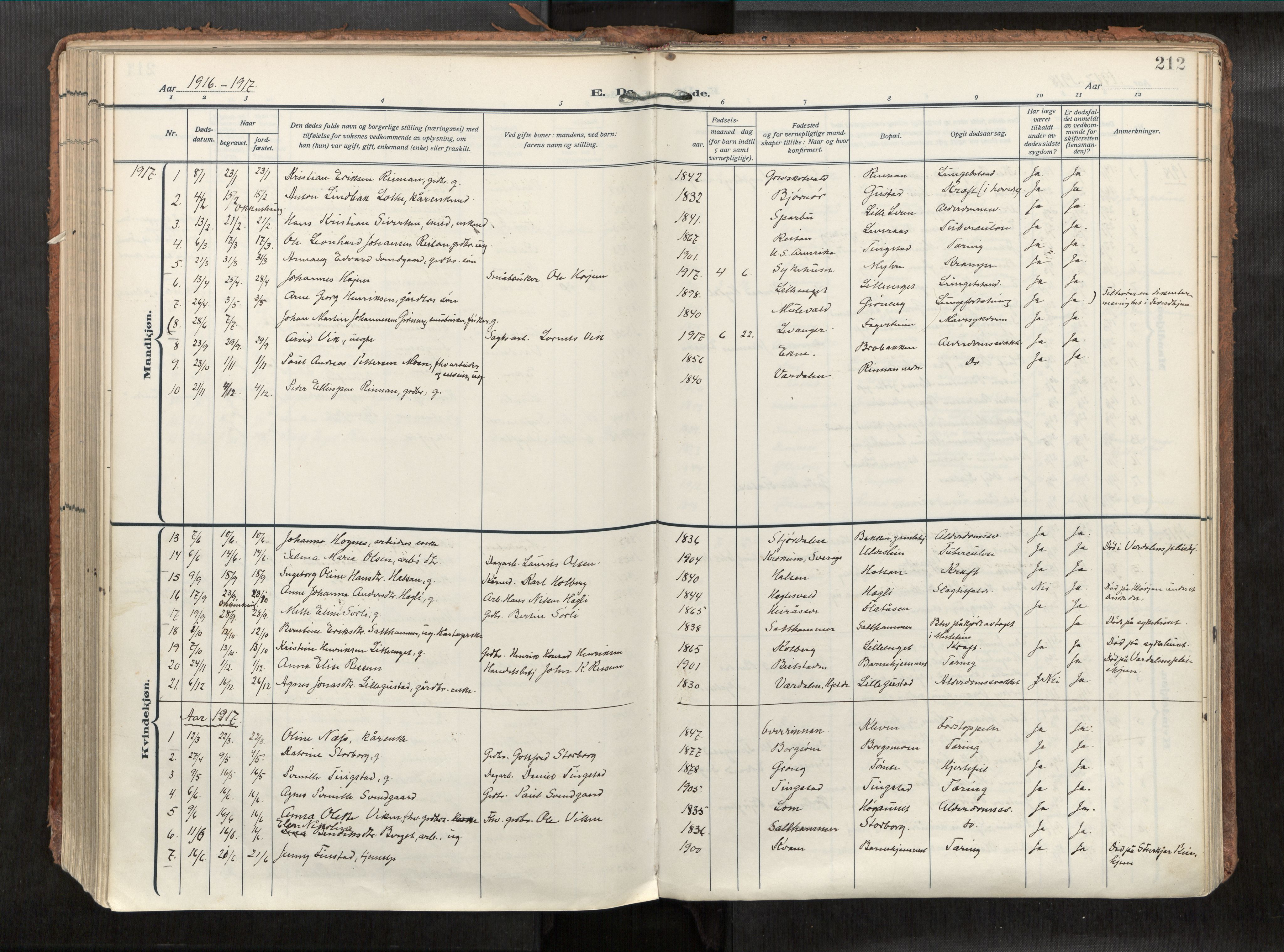 Levanger sokneprestkontor, AV/SAT-A-1301/2/H/Haa/L0002: Parish register (official) no. 2, 1912-1935, p. 212