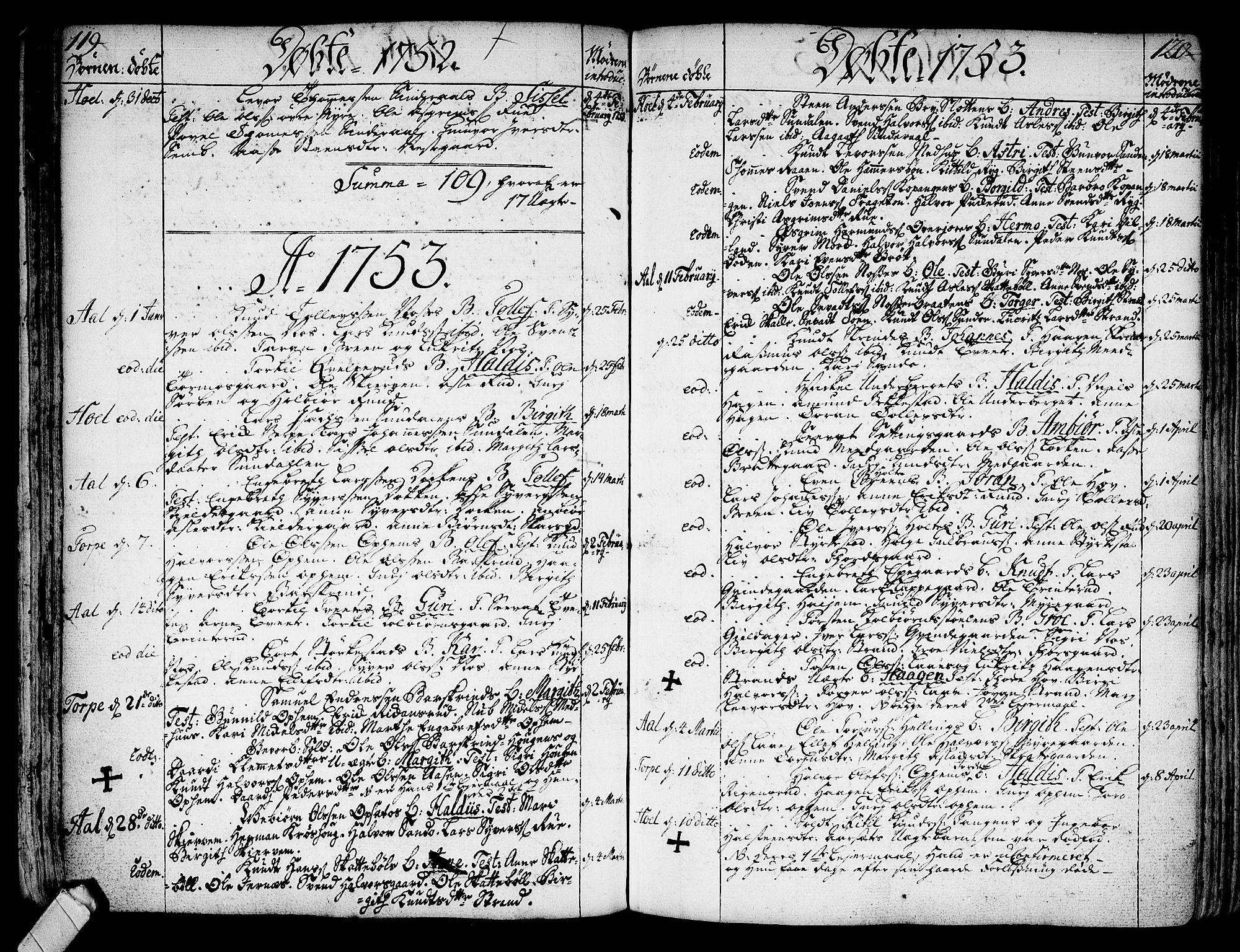 Ål kirkebøker, SAKO/A-249/F/Fa/L0001: Parish register (official) no. I 1, 1744-1769, p. 119-120