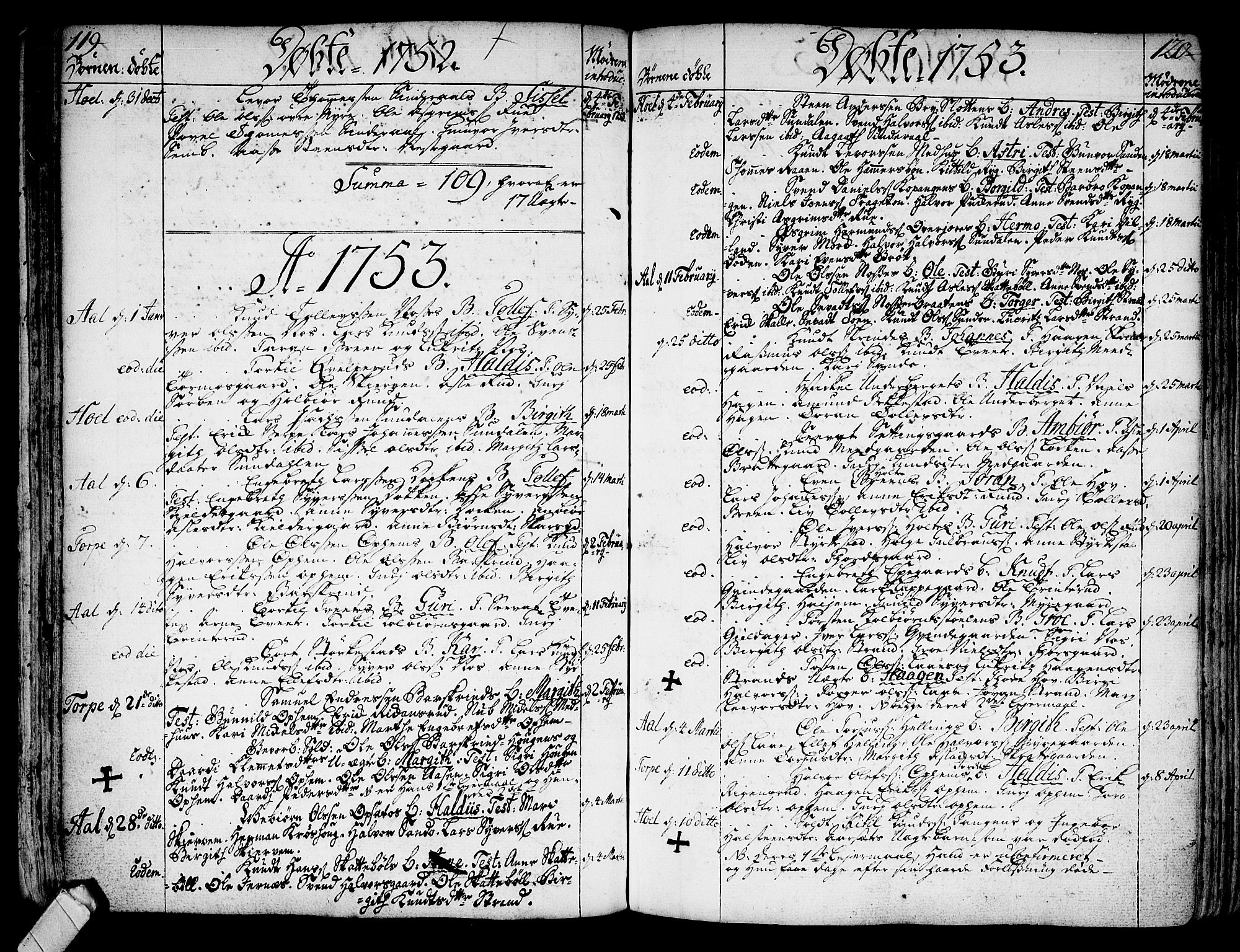 Ål kirkebøker, AV/SAKO-A-249/F/Fa/L0001: Parish register (official) no. I 1, 1744-1769, p. 119-120