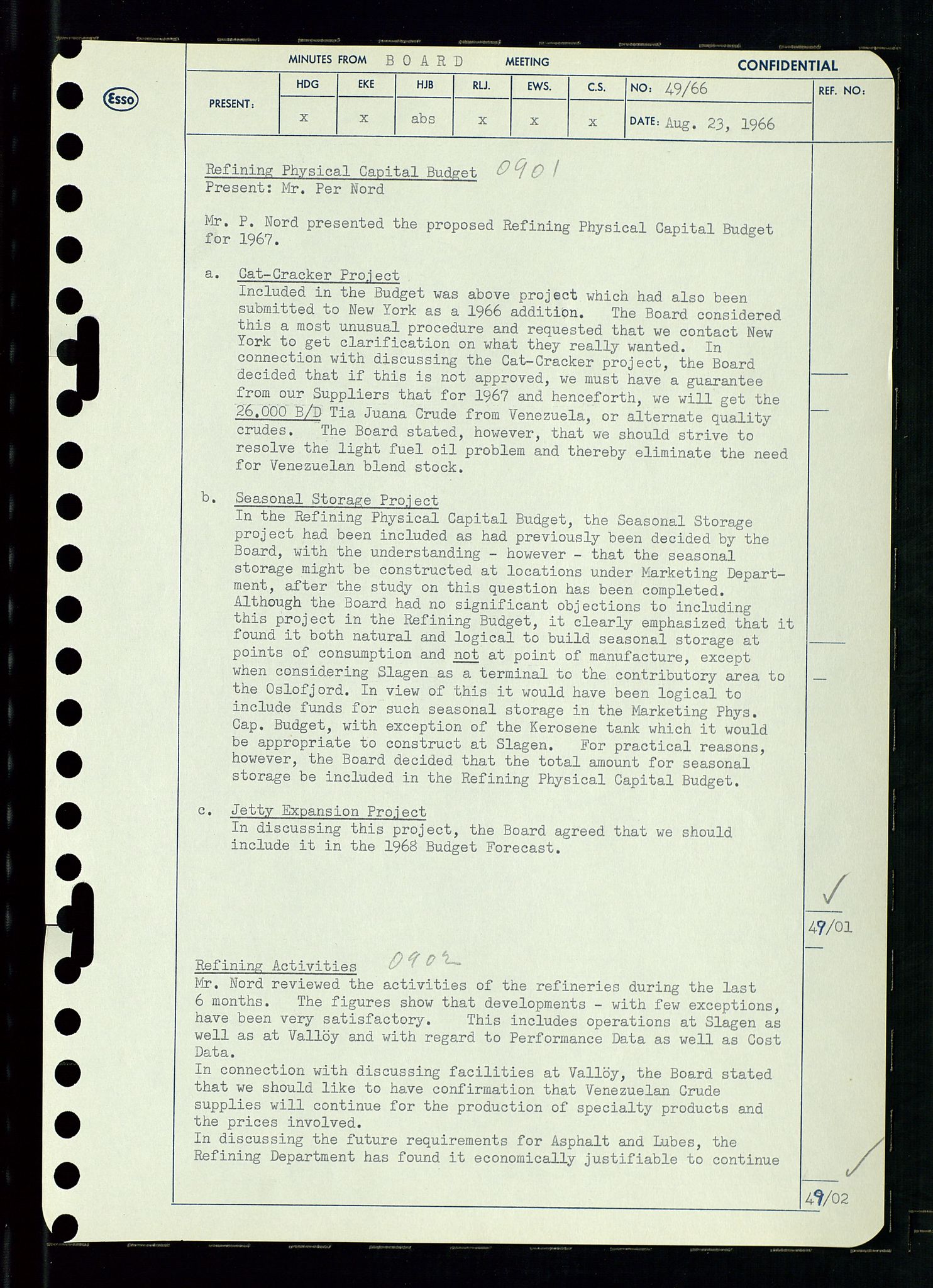 Pa 0982 - Esso Norge A/S, AV/SAST-A-100448/A/Aa/L0002/0002: Den administrerende direksjon Board minutes (styrereferater) / Den administrerende direksjon Board minutes (styrereferater), 1966, p. 103