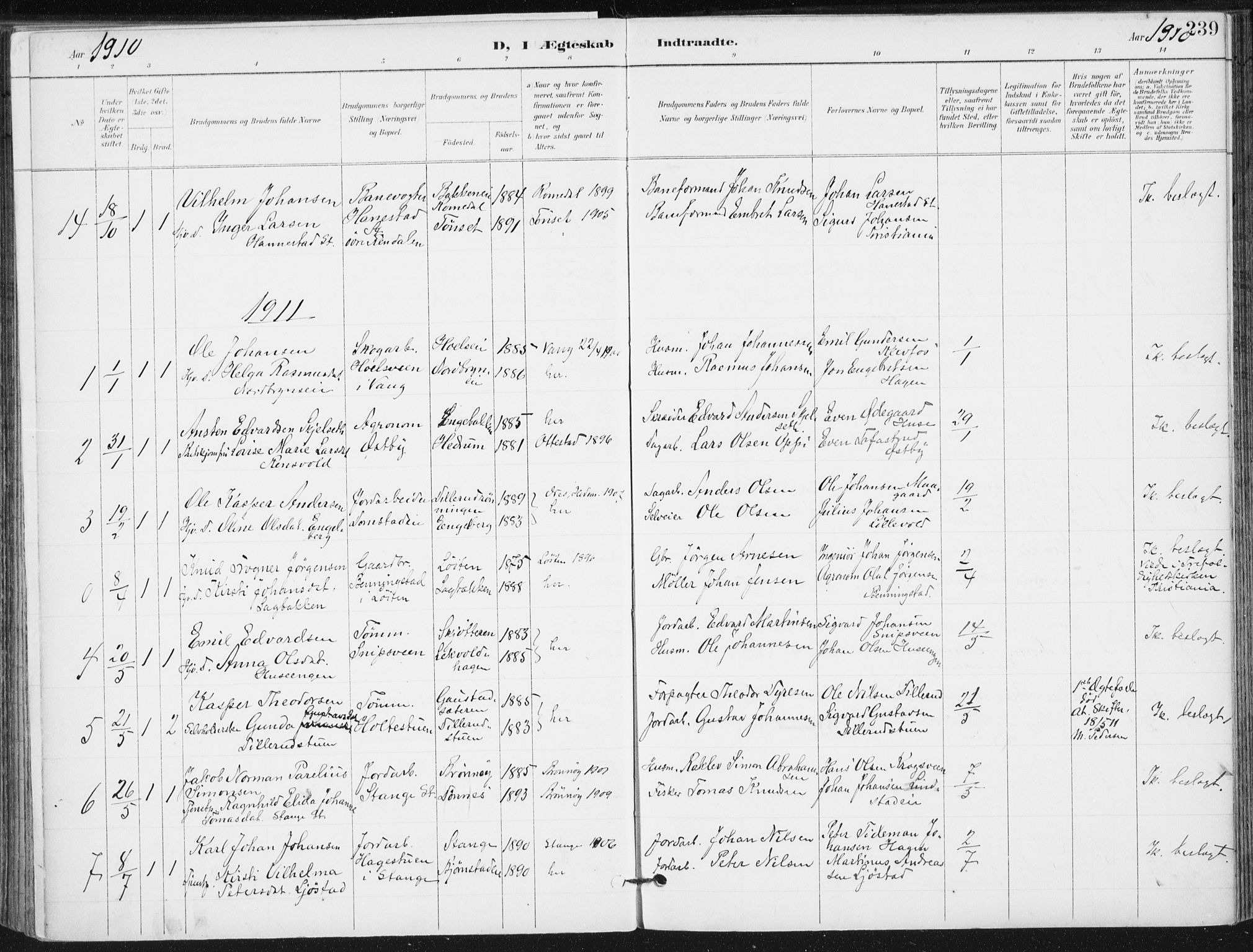 Romedal prestekontor, SAH/PREST-004/K/L0011: Parish register (official) no. 11, 1896-1912, p. 239