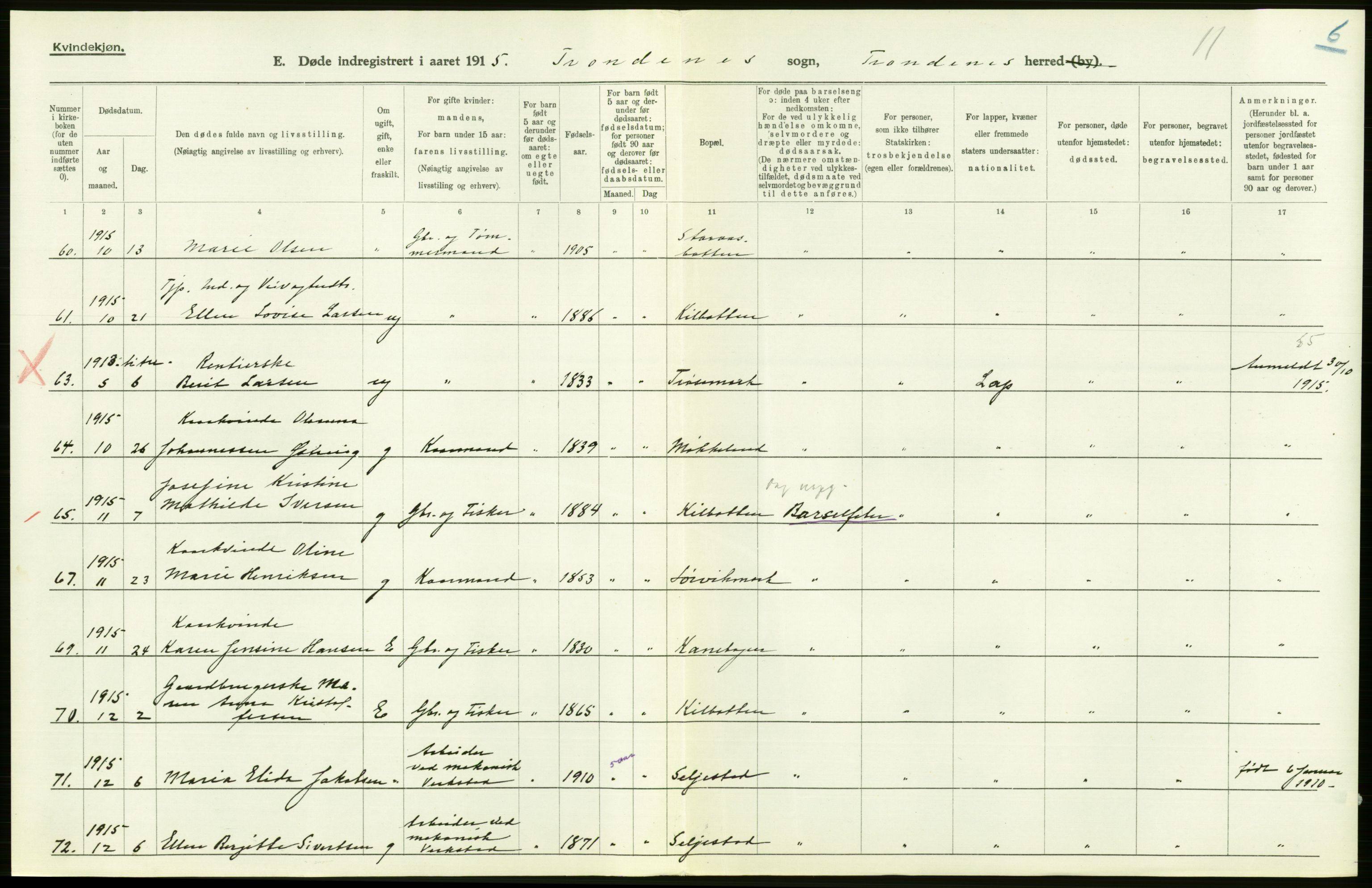 Statistisk sentralbyrå, Sosiodemografiske emner, Befolkning, AV/RA-S-2228/D/Df/Dfb/Dfbe/L0052: Tromsø amt: Gifte, døde, dødfødte. Bygder og byer., 1915, p. 242