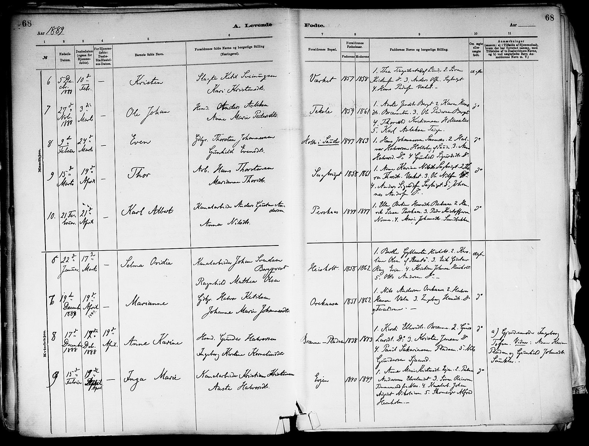 Holla kirkebøker, SAKO/A-272/F/Fa/L0008: Parish register (official) no. 8, 1882-1897, p. 68