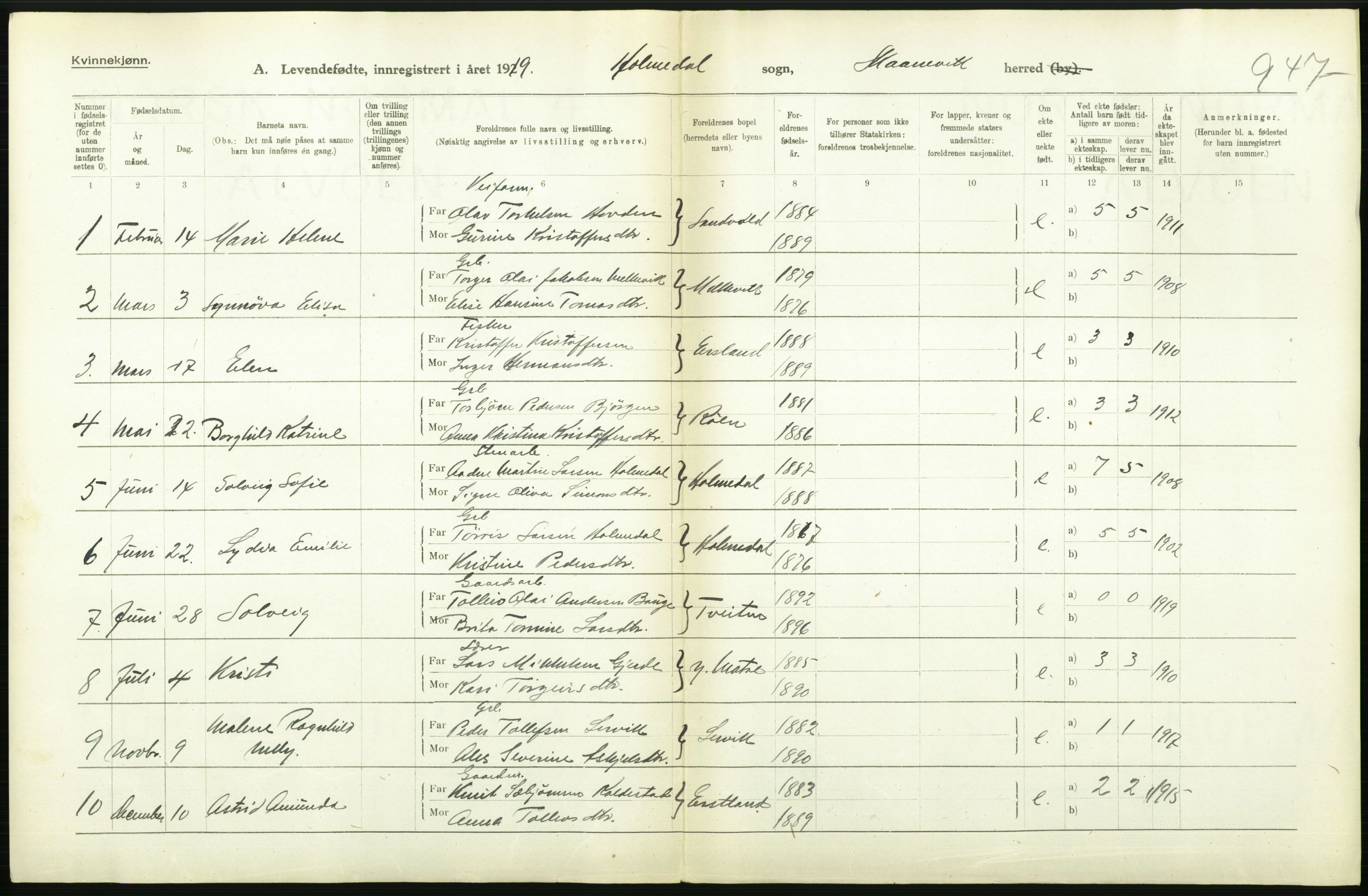 Statistisk sentralbyrå, Sosiodemografiske emner, Befolkning, RA/S-2228/D/Df/Dfb/Dfbi/L0031: Hordaland fylke: Levendefødte menn og kvinner. Bygder., 1919, p. 544