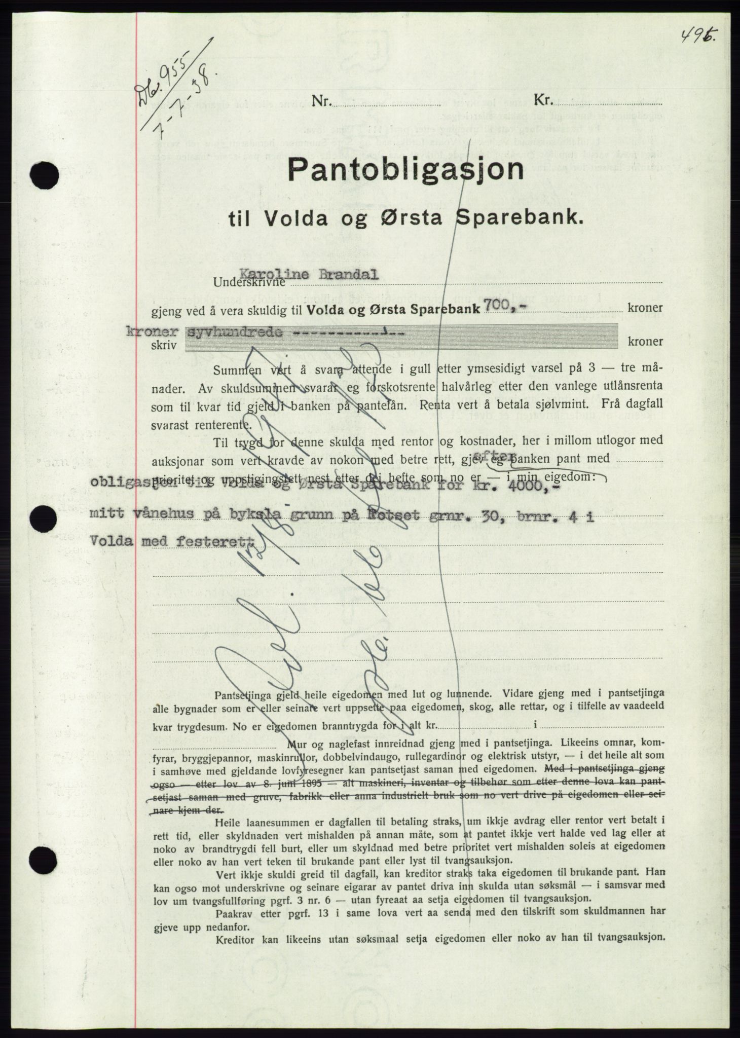 Søre Sunnmøre sorenskriveri, AV/SAT-A-4122/1/2/2C/L0065: Mortgage book no. 59, 1938-1938, Diary no: : 955/1938