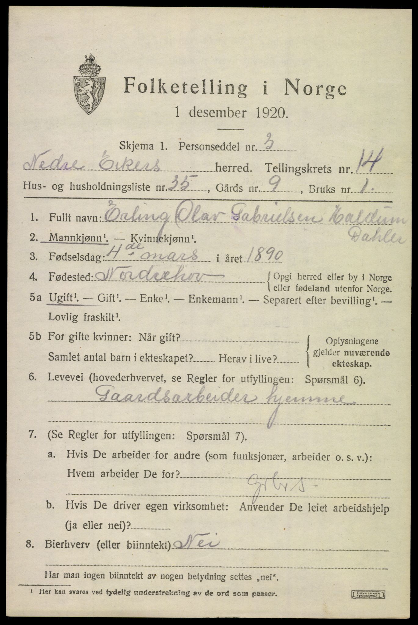 SAKO, 1920 census for Nedre Eiker, 1920, p. 15933