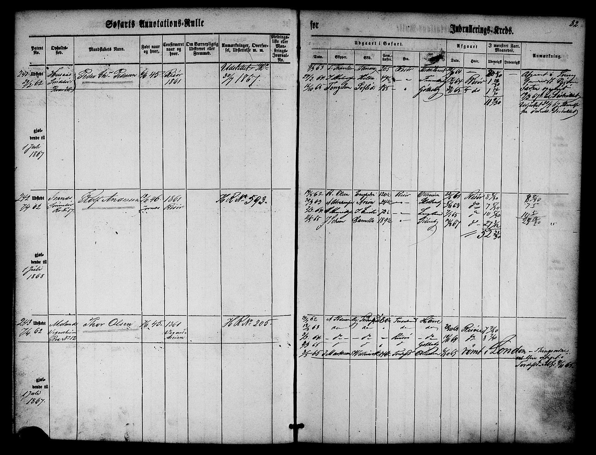 Risør mønstringskrets, SAK/2031-0010/F/Fa/L0001: Annotasjonsrulle nr 1-435 med register, D-1, 1860-1865, p. 101