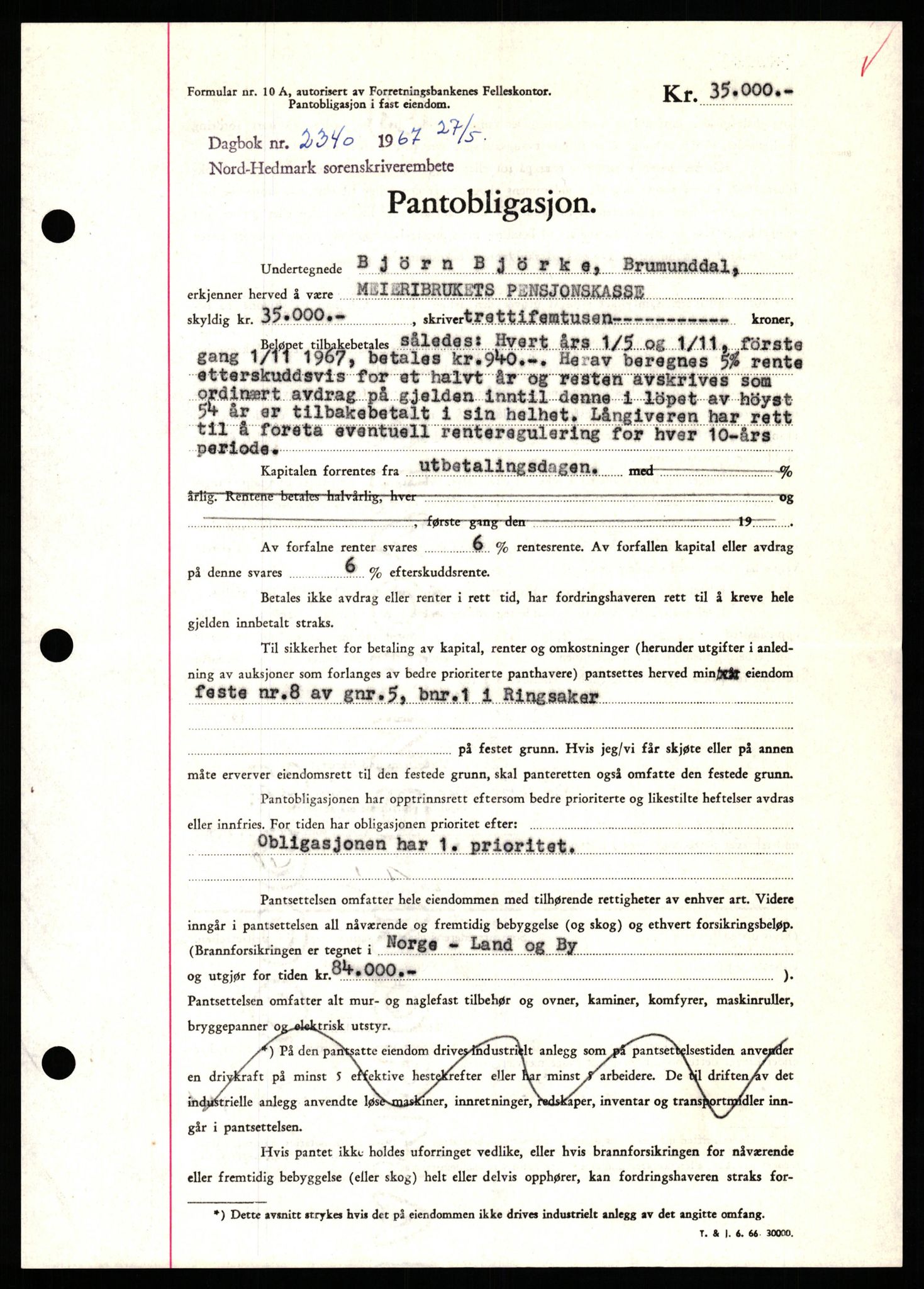 Nord-Hedmark sorenskriveri, SAH/TING-012/H/Hb/Hbf/L0071: Mortgage book no. B71, 1967-1967, Diary no: : 2340/1967