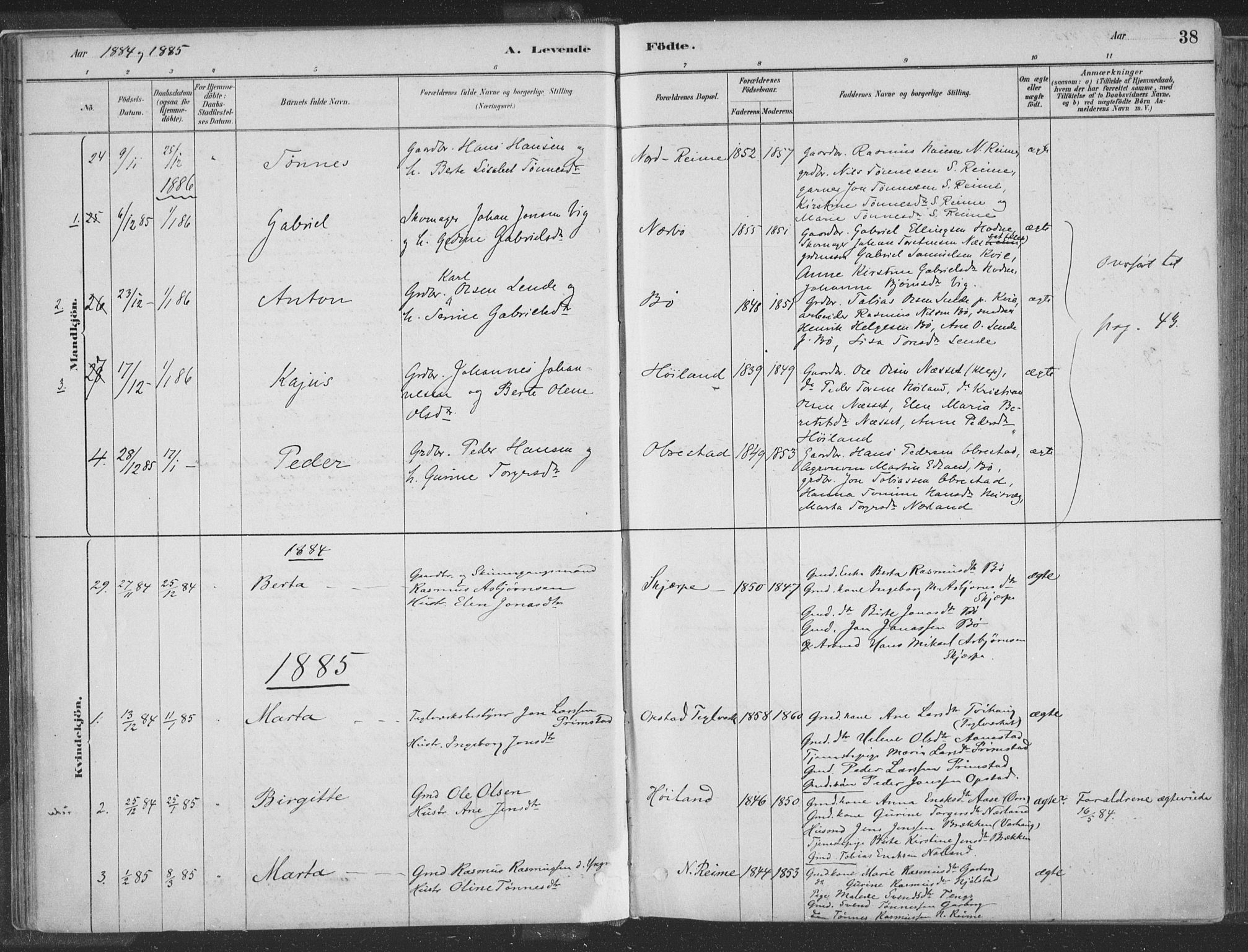 Hå sokneprestkontor, SAST/A-101801/001/30BA/L0010: Parish register (official) no. A 9, 1879-1896, p. 38