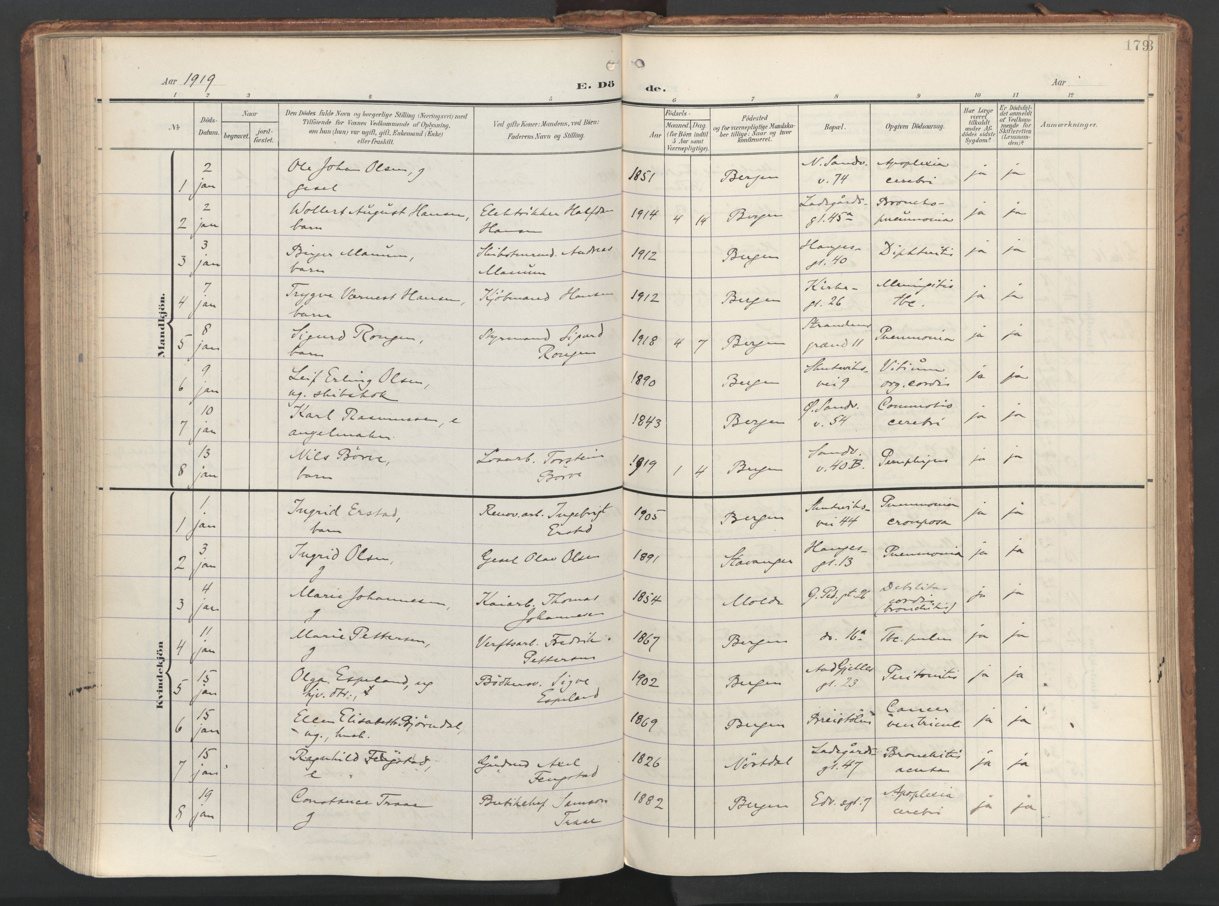 Sandviken Sokneprestembete, AV/SAB-A-77601/H/Ha/L0019: Parish register (official) no. E 2, 1905-1933, p. 179
