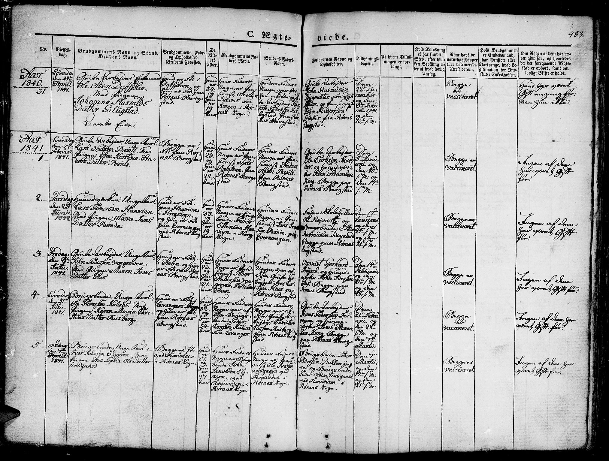 Ministerialprotokoller, klokkerbøker og fødselsregistre - Sør-Trøndelag, SAT/A-1456/681/L0939: Parish register (copy) no. 681C03, 1829-1855, p. 483
