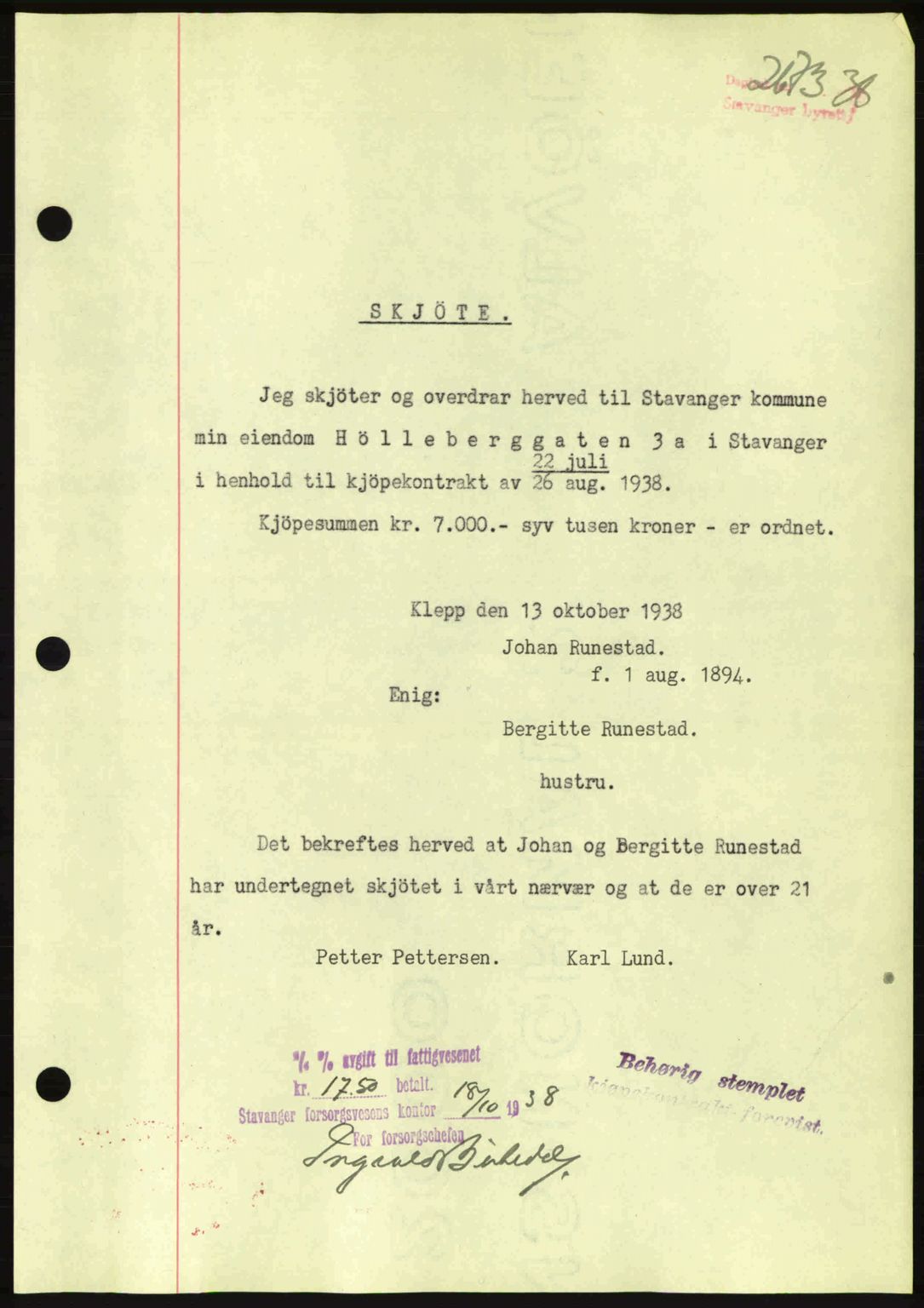 Stavanger byrett, SAST/A-100455/002/G/Gb/L0014: Mortgage book no. A4, 1938-1939, Diary no: : 2673/1938
