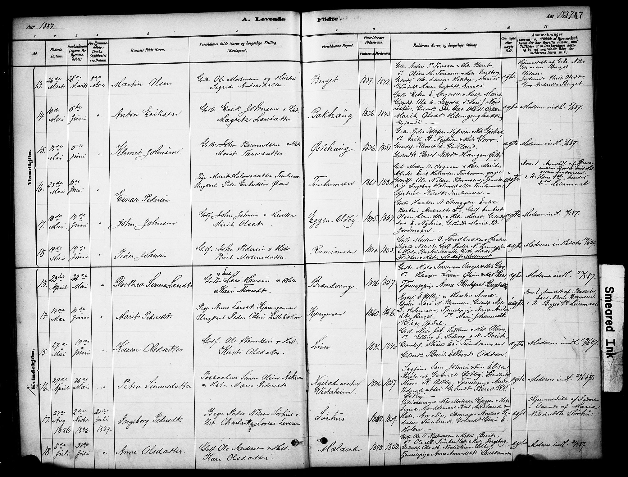Tynset prestekontor, SAH/PREST-058/H/Ha/Hab/L0006: Parish register (copy) no. 6, 1880-1899, p. 47