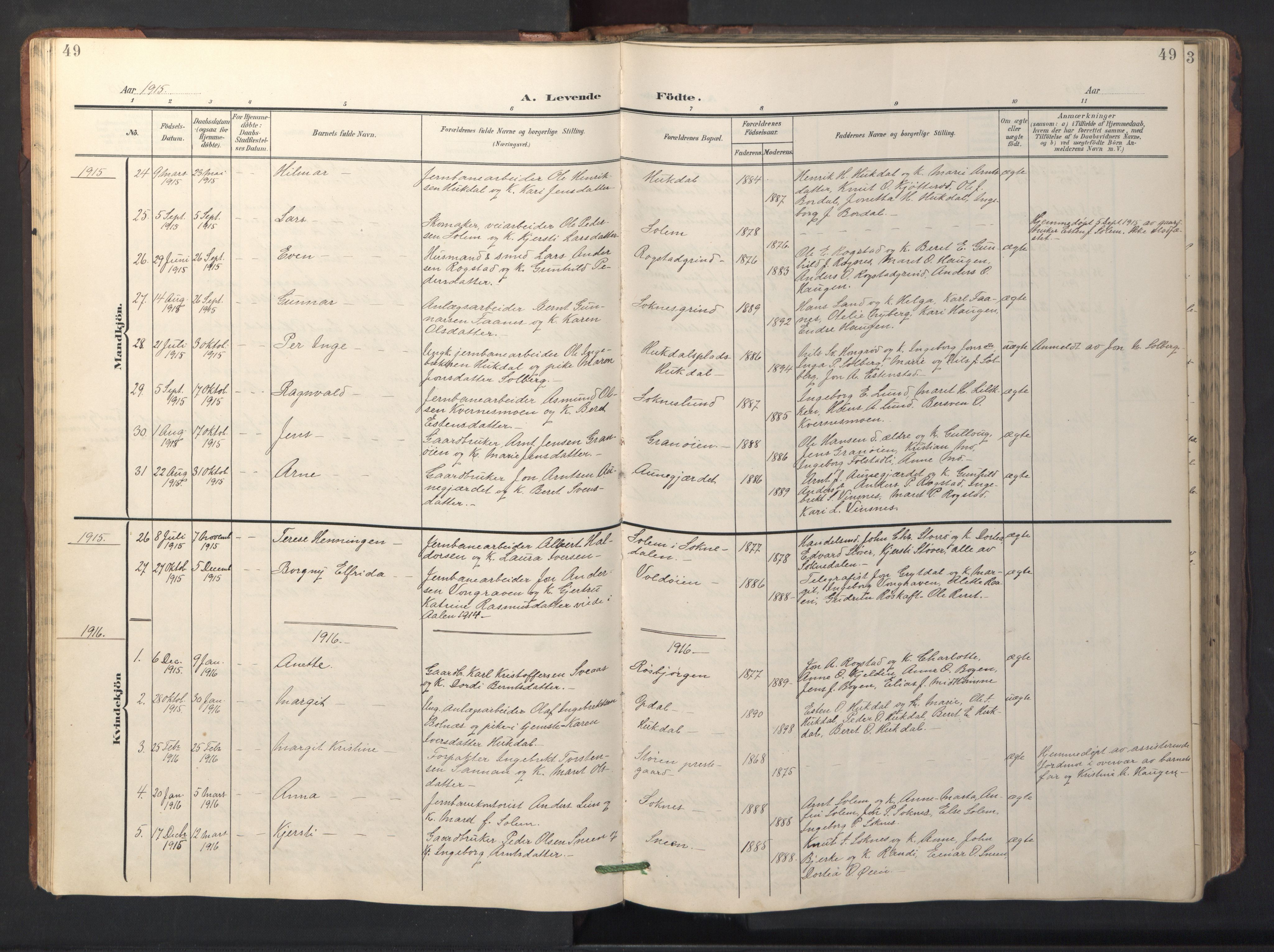Ministerialprotokoller, klokkerbøker og fødselsregistre - Sør-Trøndelag, SAT/A-1456/687/L1019: Parish register (copy) no. 687C03, 1904-1931, p. 49