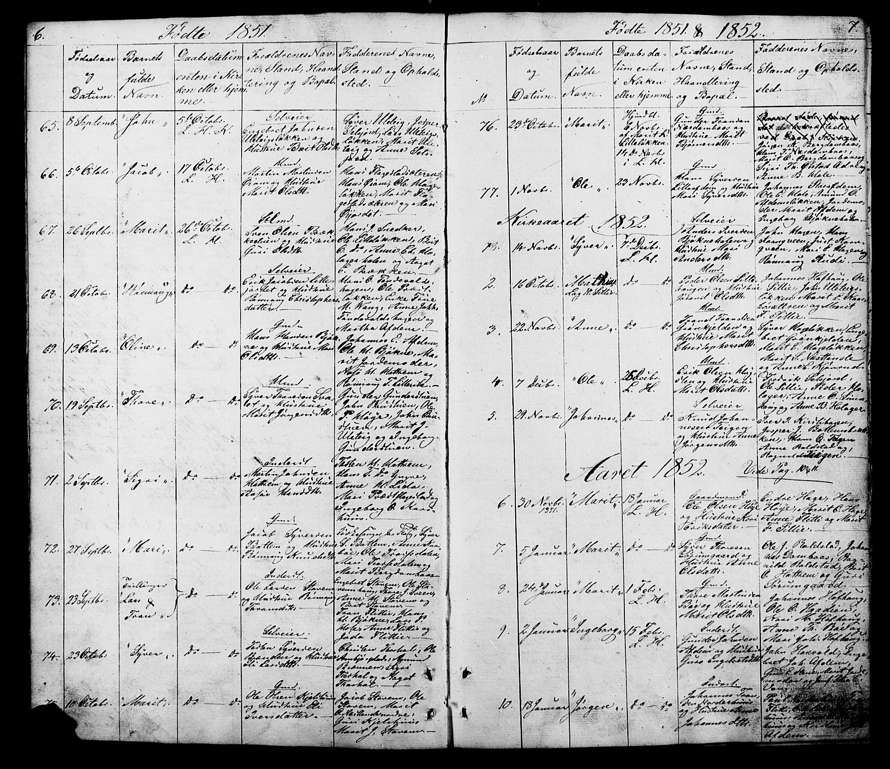 Lesja prestekontor, SAH/PREST-068/H/Ha/Hab/L0005: Parish register (copy) no. 5, 1850-1894, p. 6-7