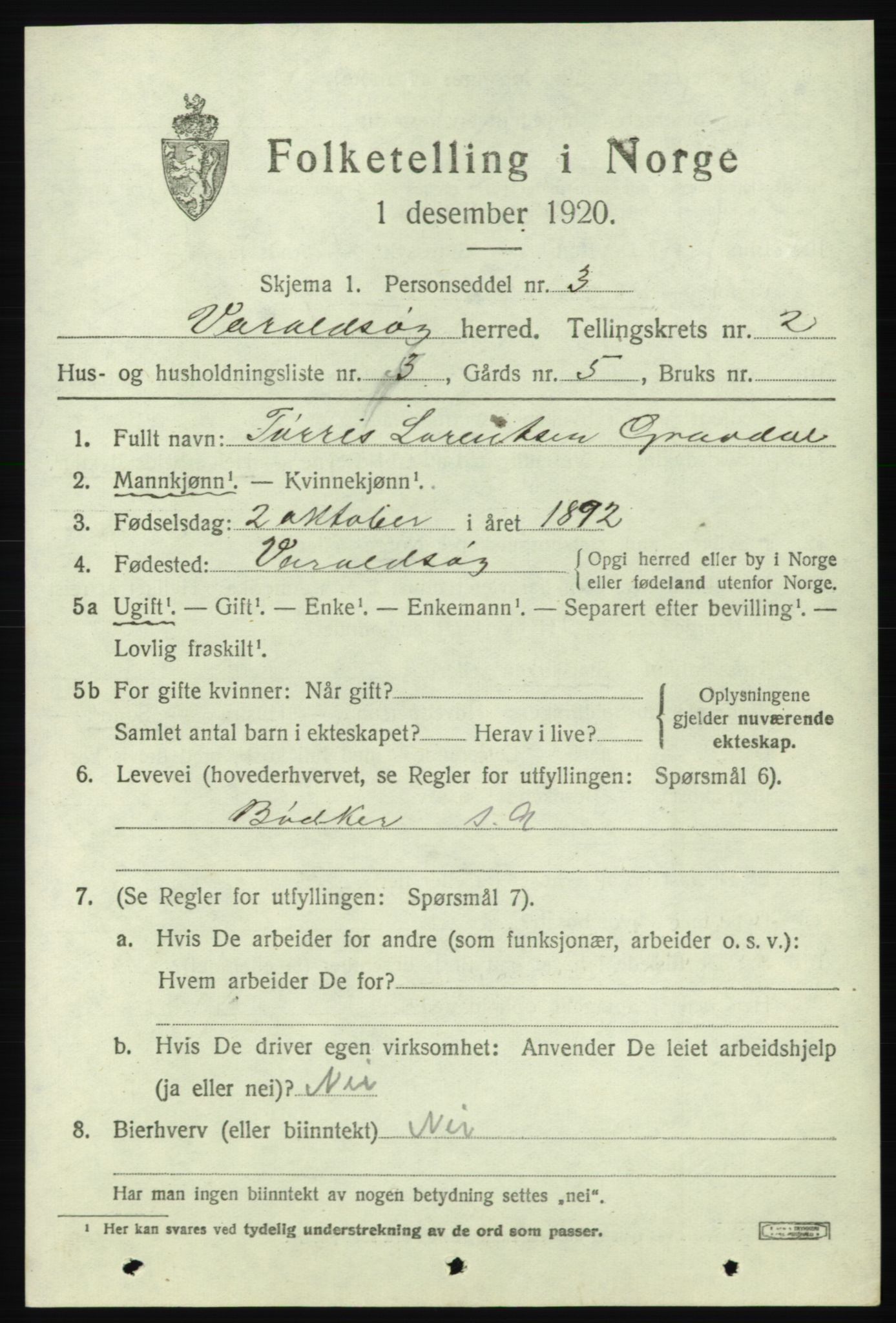 SAB, 1920 census for Varaldsøy, 1920, p. 767