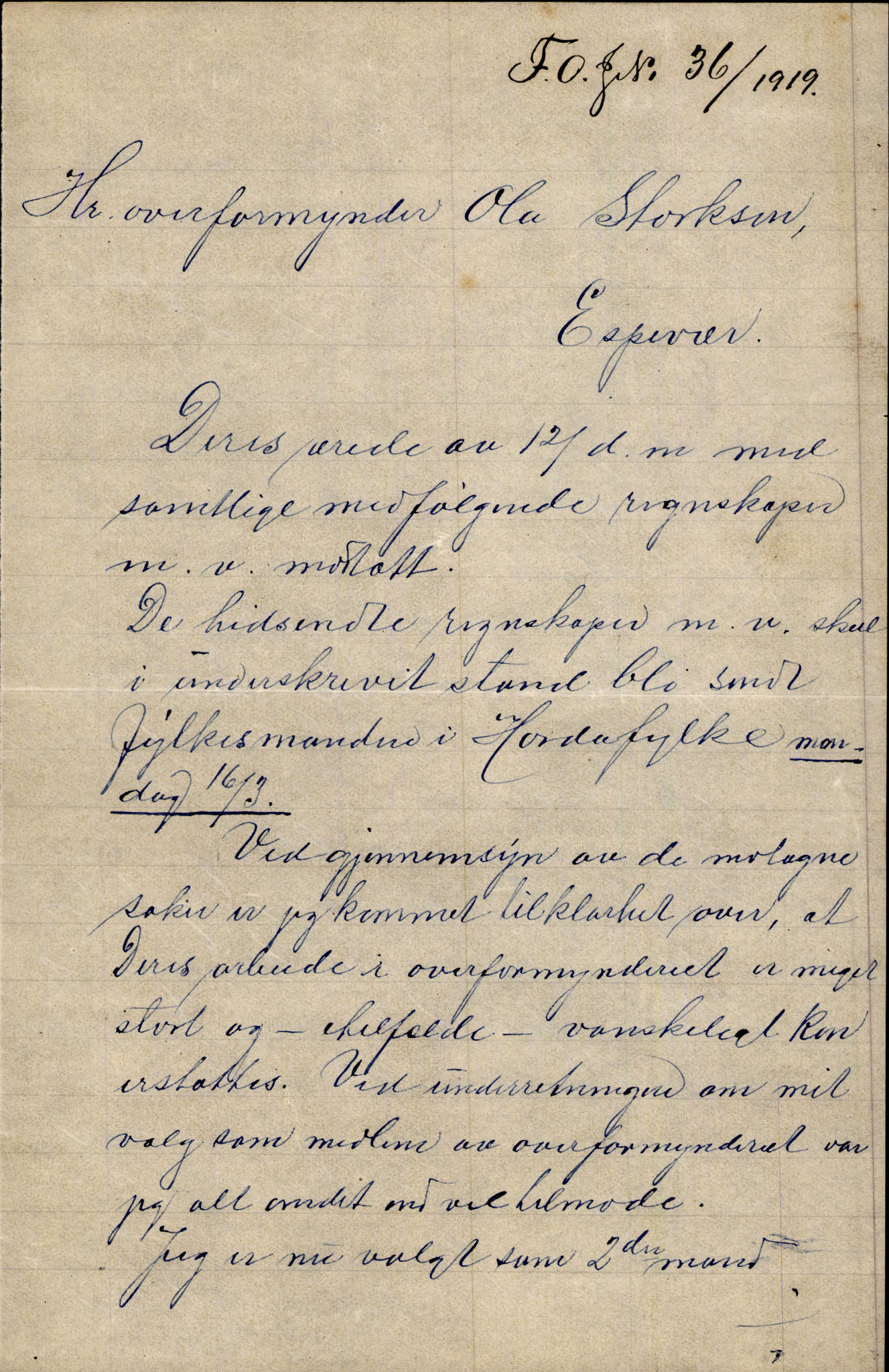 Finnaas kommune. Overformynderiet, IKAH/1218a-812/D/Da/Daa/L0003/0002: Kronologisk ordna korrespondanse / Kronologisk ordna korrespondanse, 1917-1919, p. 123