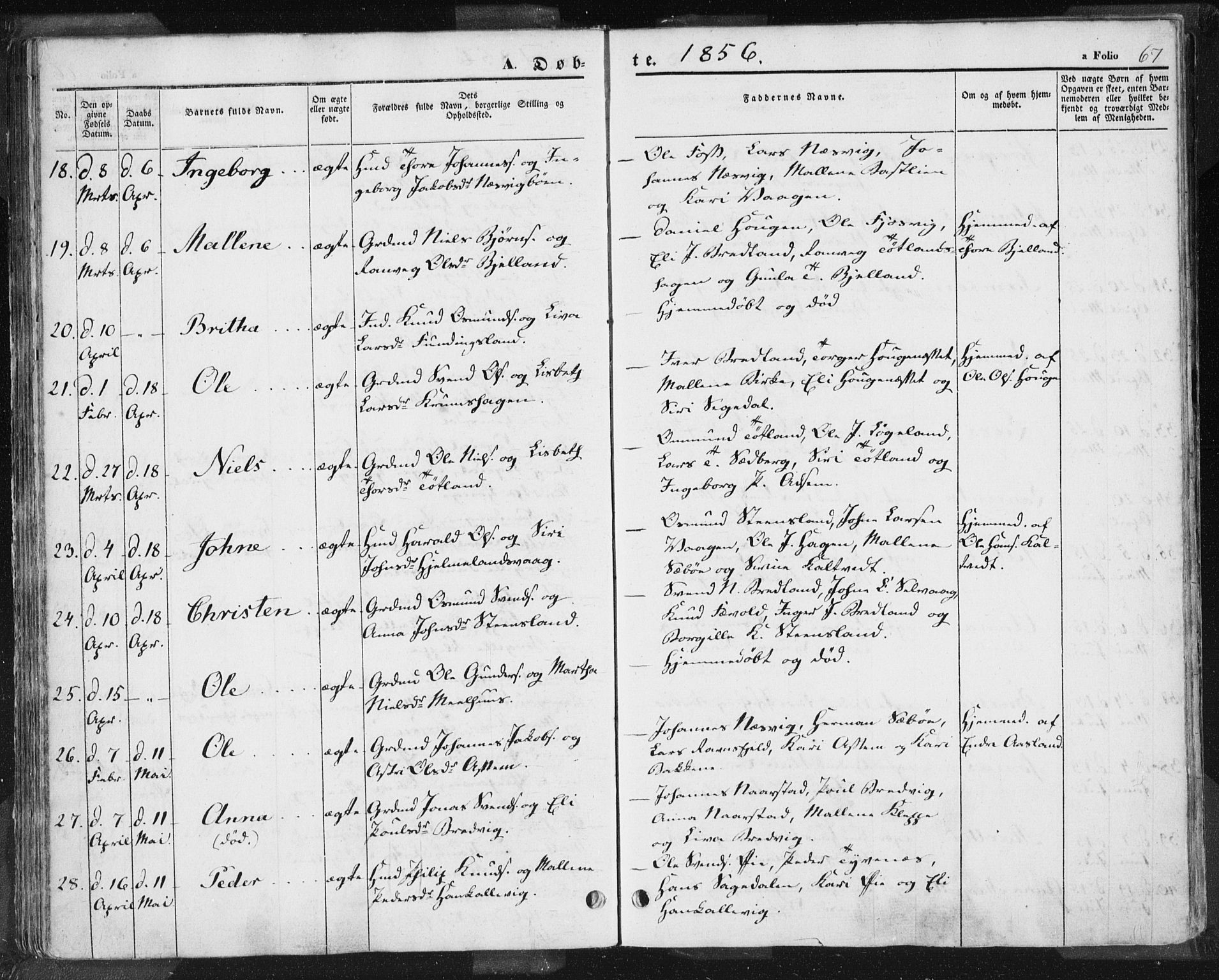 Hjelmeland sokneprestkontor, AV/SAST-A-101843/01/IV/L0009: Parish register (official) no. A 9, 1846-1860, p. 67