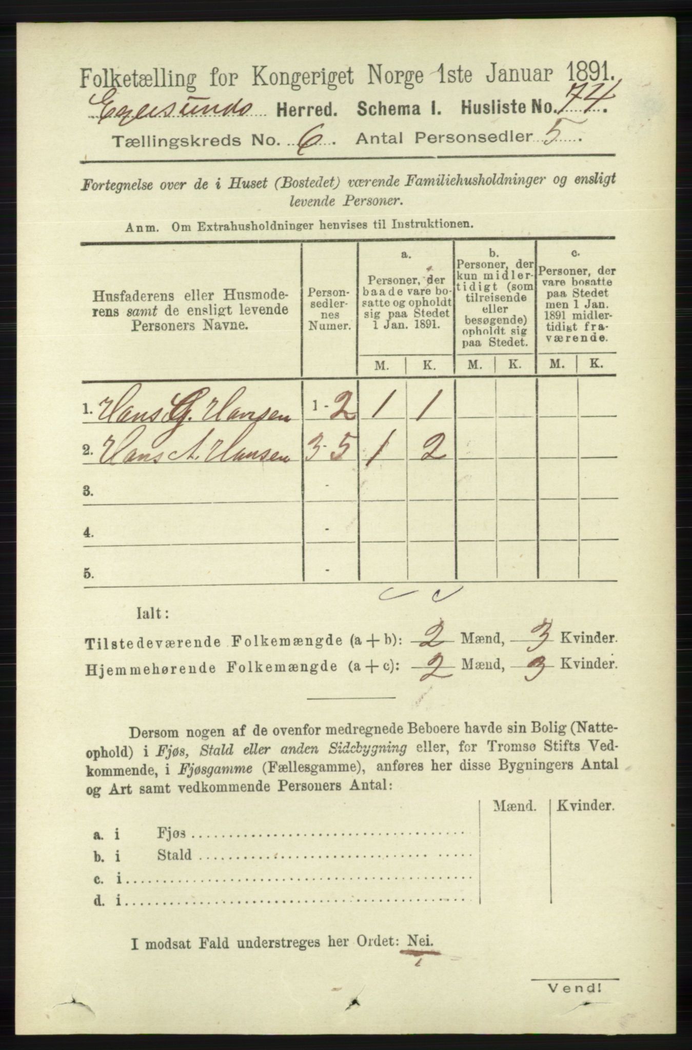 RA, 1891 census for 1116 Eigersund herred, 1891, p. 2268