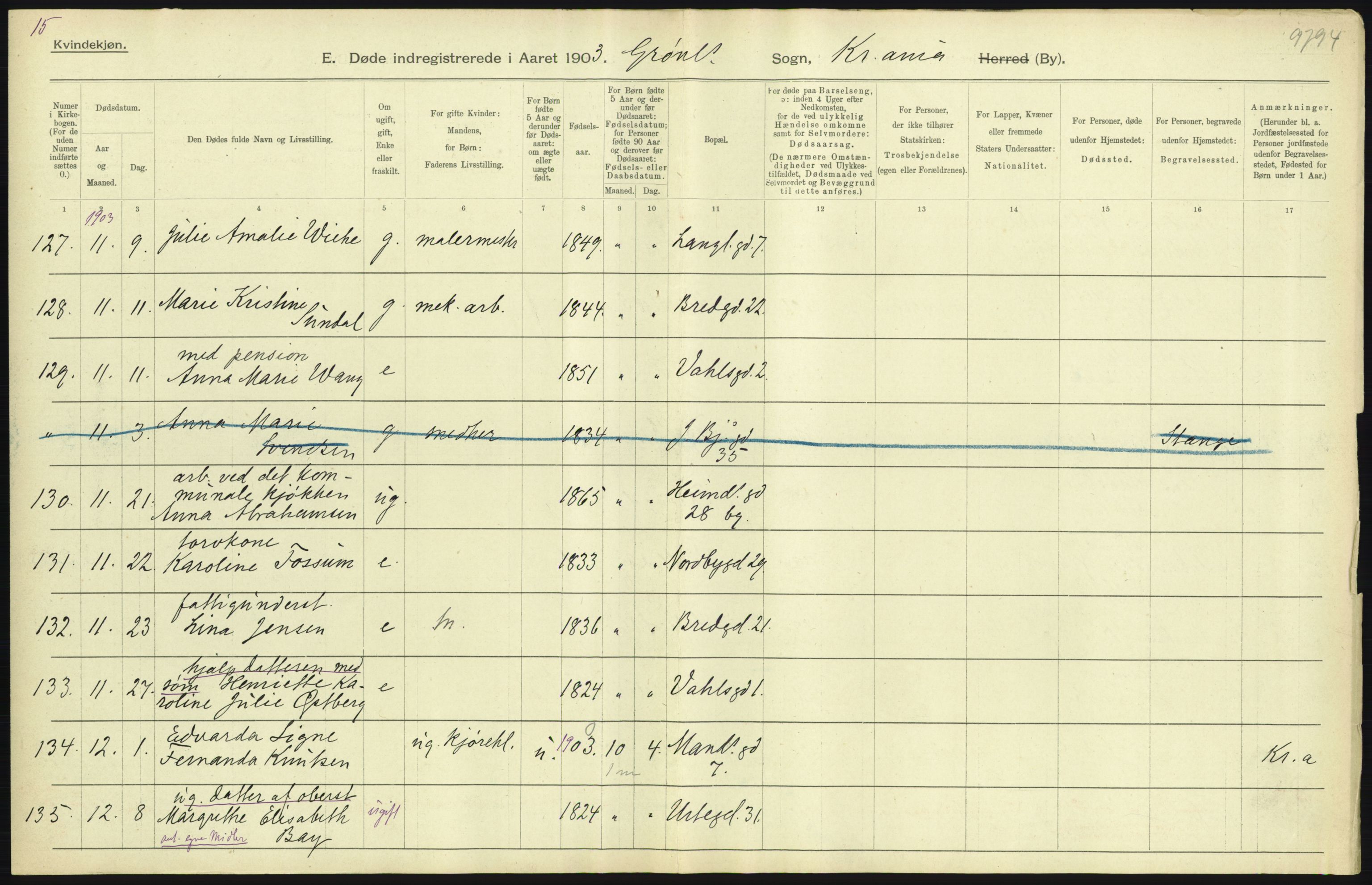 Statistisk sentralbyrå, Sosiodemografiske emner, Befolkning, AV/RA-S-2228/D/Df/Dfa/Dfaa/L0004: Kristiania: Gifte, døde, 1903, p. 405