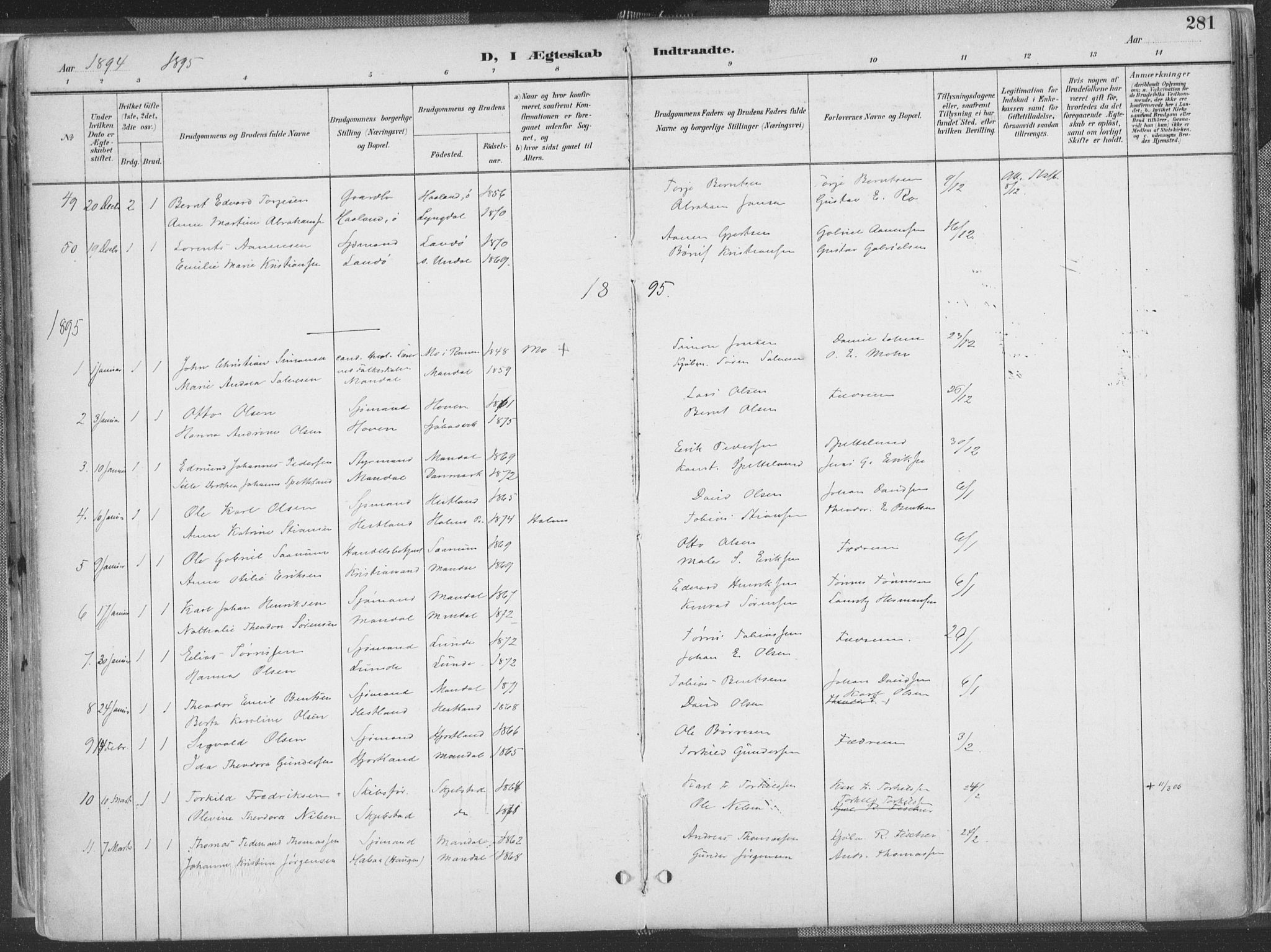Mandal sokneprestkontor, SAK/1111-0030/F/Fa/Faa/L0018: Parish register (official) no. A 18, 1890-1905, p. 281