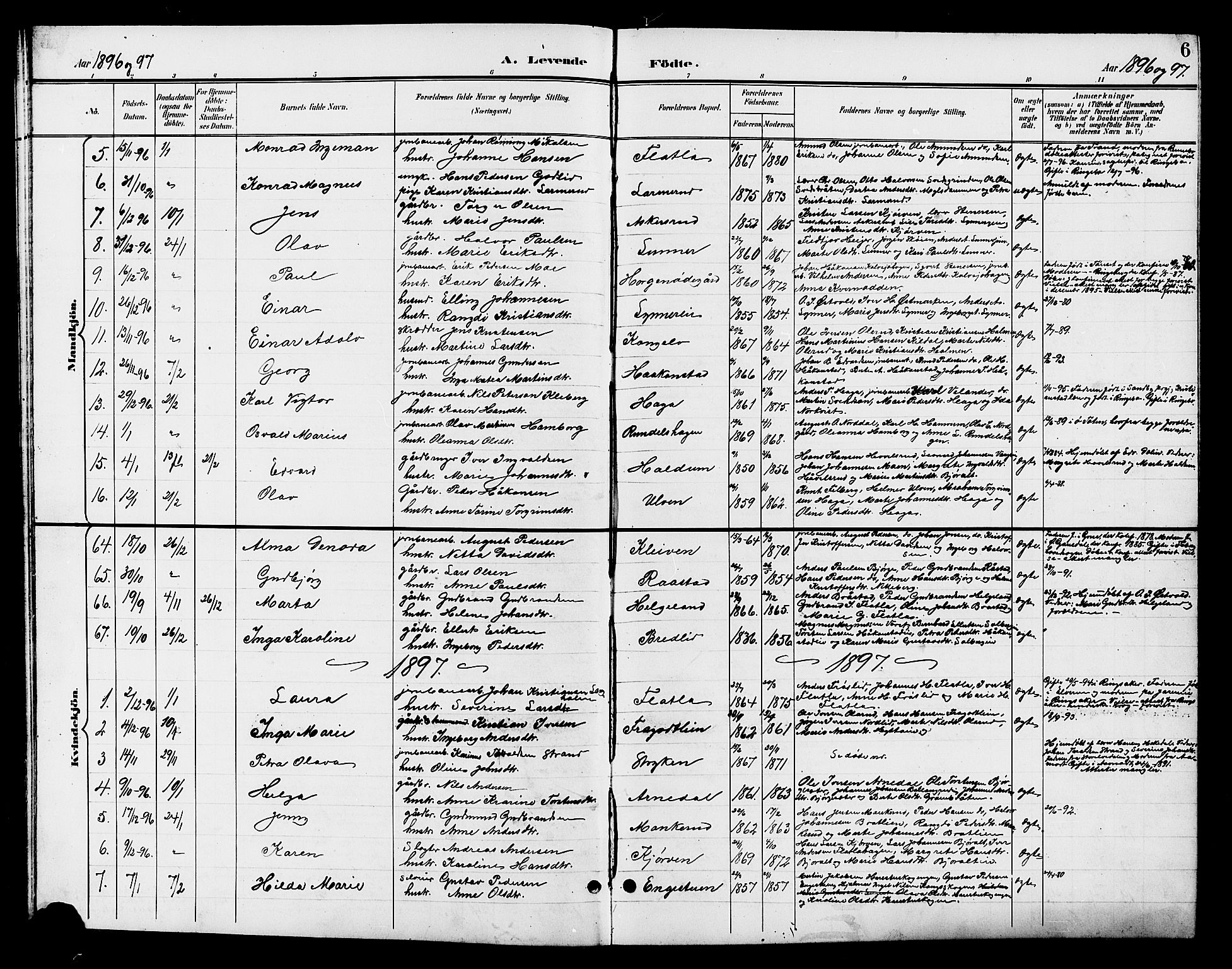 Jevnaker prestekontor, SAH/PREST-116/H/Ha/Hab/L0003: Parish register (copy) no. 3, 1896-1909, p. 6