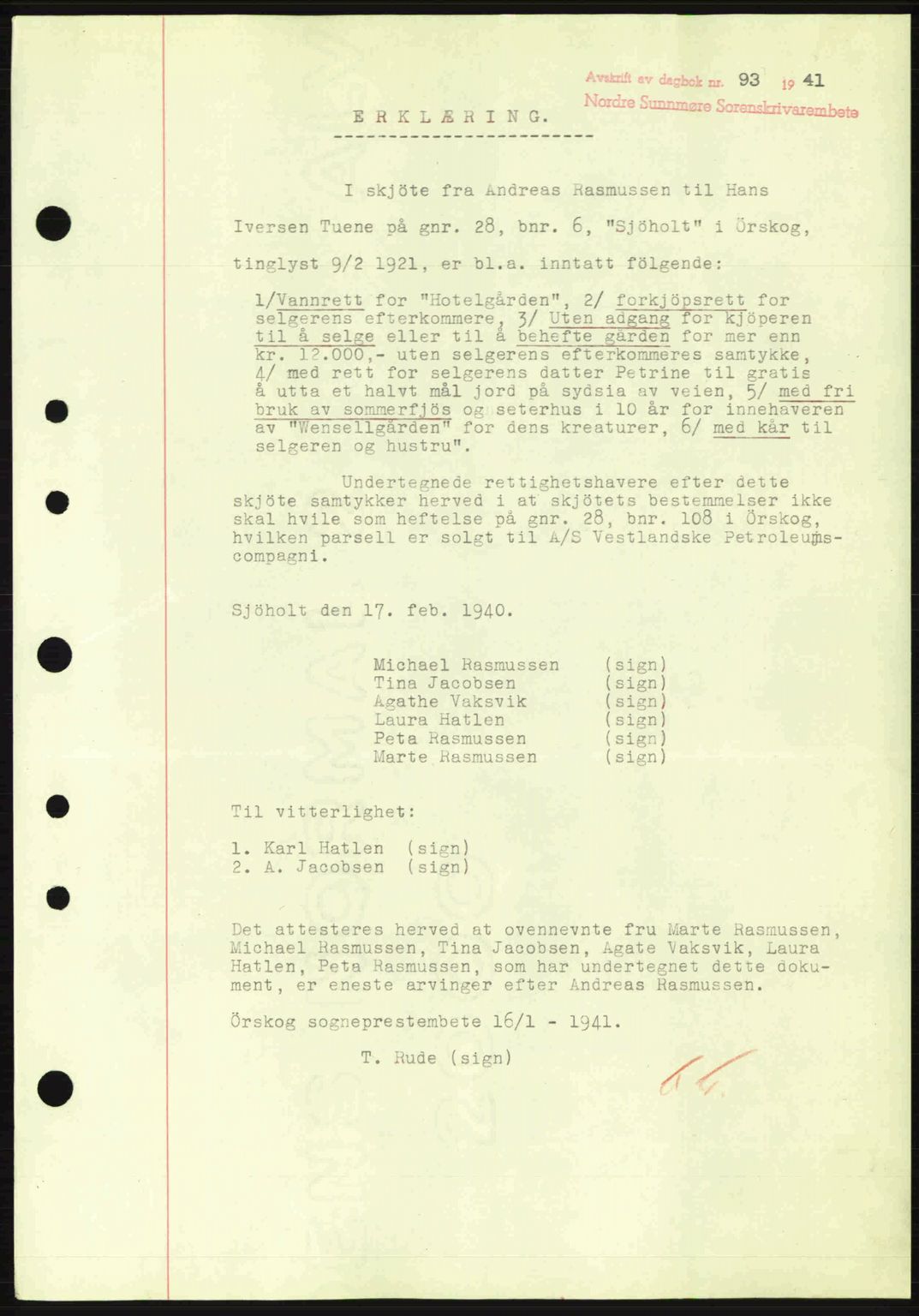 Nordre Sunnmøre sorenskriveri, SAT/A-0006/1/2/2C/2Ca: Mortgage book no. B1-6, 1938-1942, Diary no: : 93/1941
