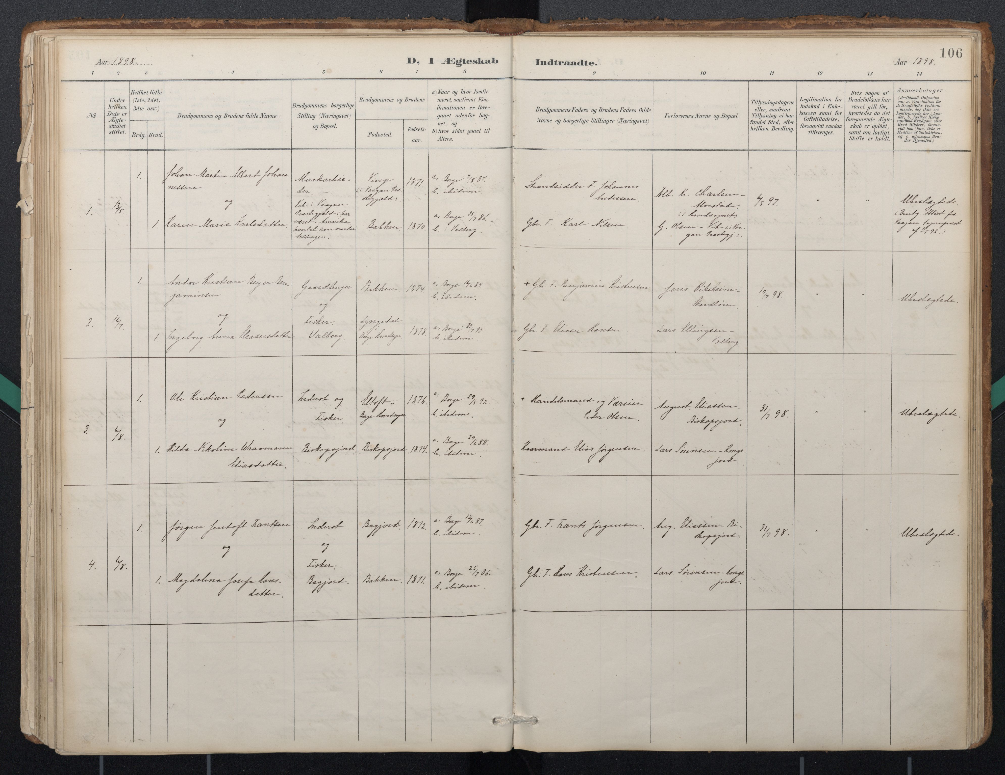 Ministerialprotokoller, klokkerbøker og fødselsregistre - Nordland, AV/SAT-A-1459/884/L1193: Parish register (official) no. 884A01, 1888-1905, p. 106