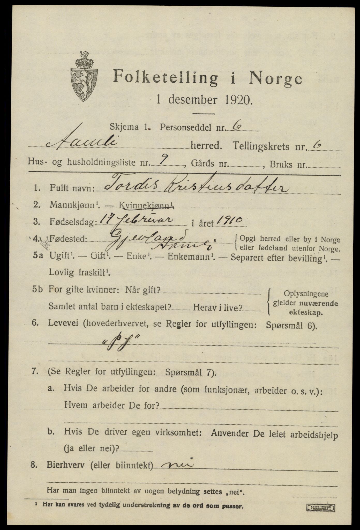 SAK, 1920 census for Åmli, 1920, p. 2721