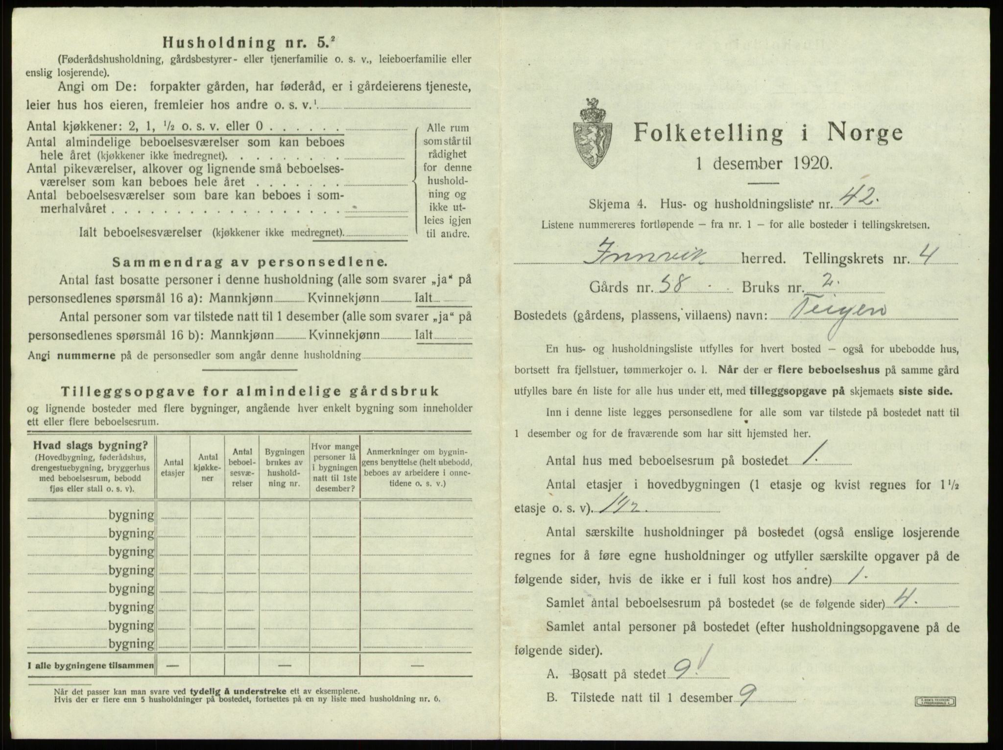 SAB, 1920 census for Innvik, 1920, p. 310