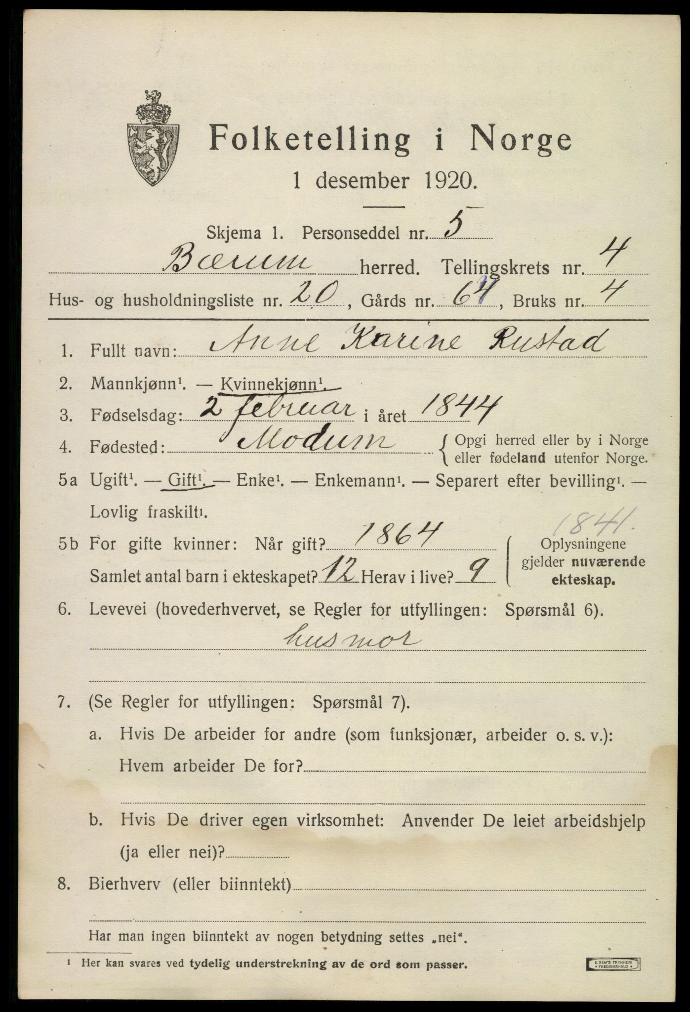 SAO, 1920 census for Bærum, 1920, p. 9008