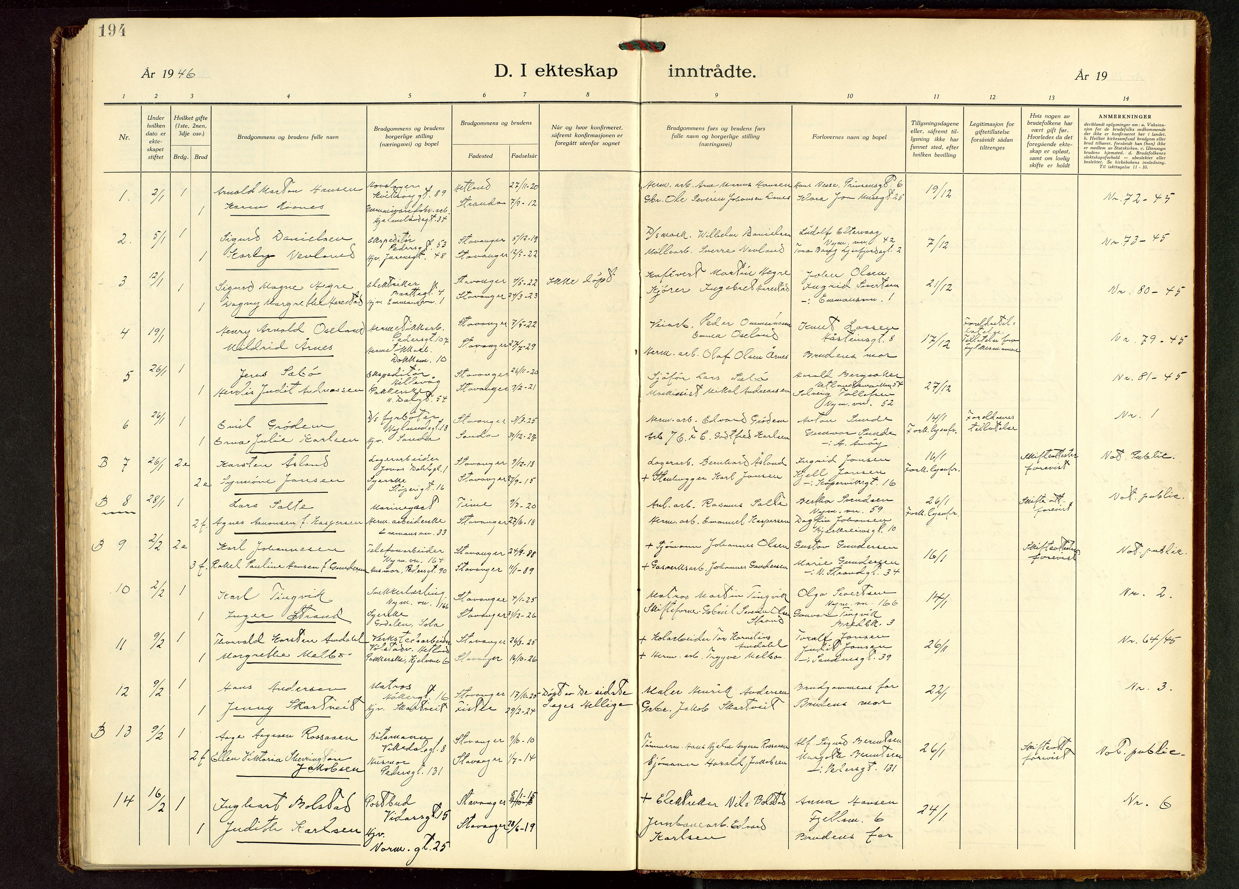 St. Johannes sokneprestkontor, SAST/A-101814/001/30/30BB/L0010: Parish register (copy) no. B 10, 1933-1946, p. 194