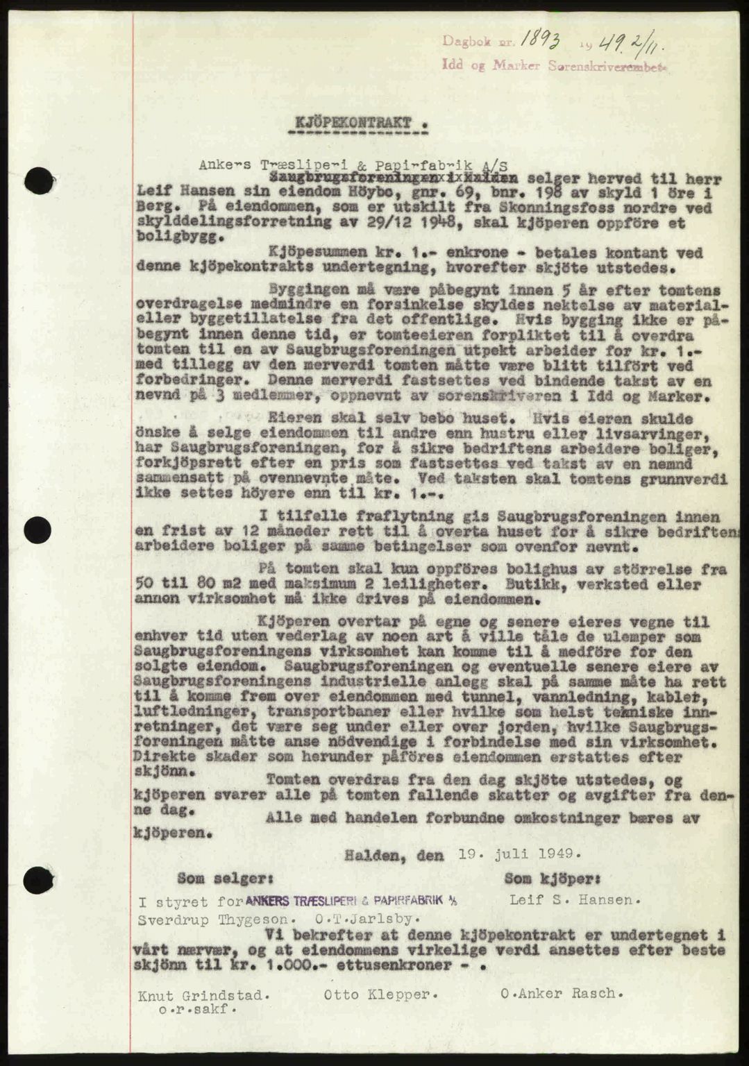 Idd og Marker sorenskriveri, AV/SAO-A-10283/G/Gb/Gbb/L0013: Mortgage book no. A13, 1949-1950, Diary no: : 1893/1949