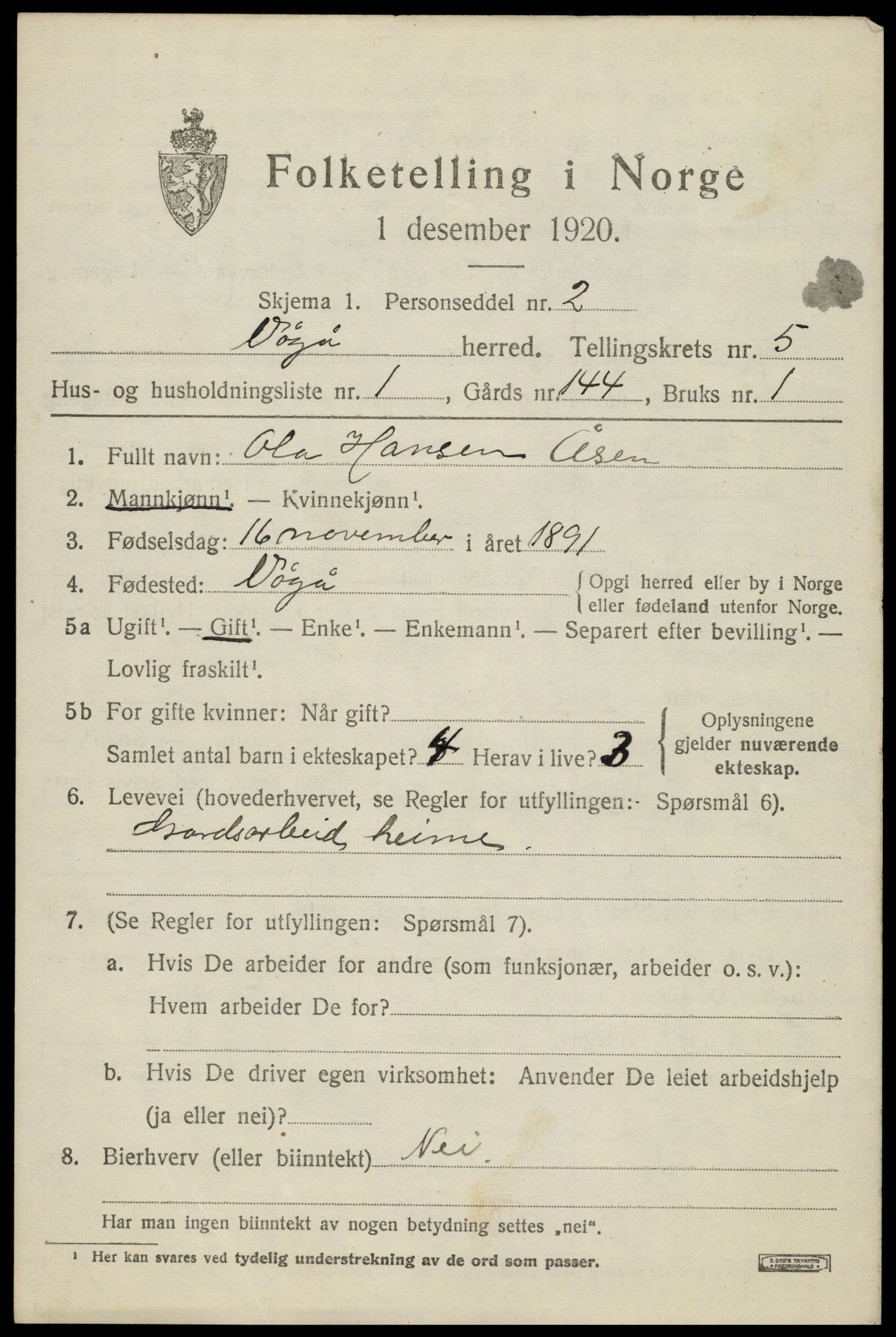 SAH, 1920 census for Vågå, 1920, p. 3934