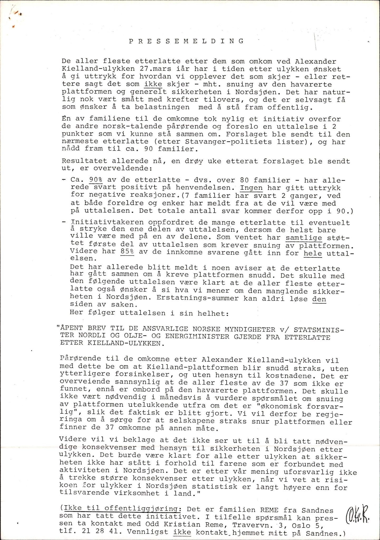 Pa 1660 - Kielland- fondet, AV/SAST-A-102242/X/Xa/L0001: Rapport til overlevende og etterlatte/ Kielland Bulletin, 1980-1998