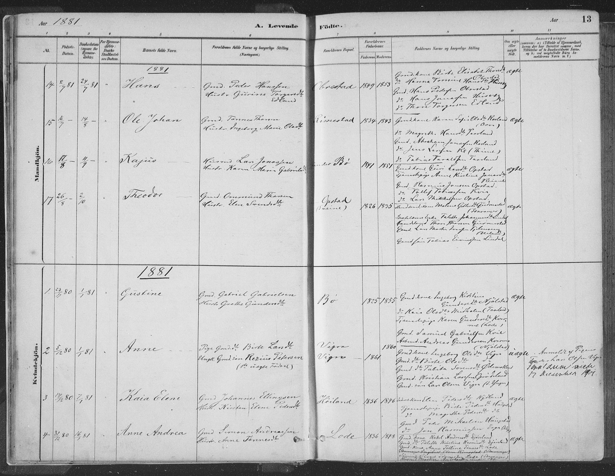 Hå sokneprestkontor, AV/SAST-A-101801/001/30BA/L0010: Parish register (official) no. A 9, 1879-1896, p. 13