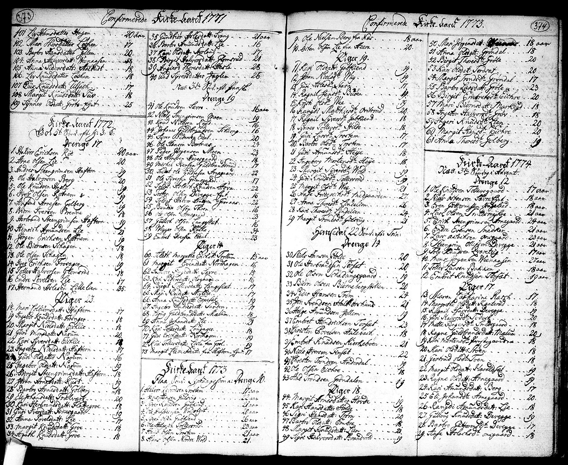 Nes kirkebøker, SAKO/A-236/F/Fa/L0004: Parish register (official) no. 4, 1764-1786, p. 373-374