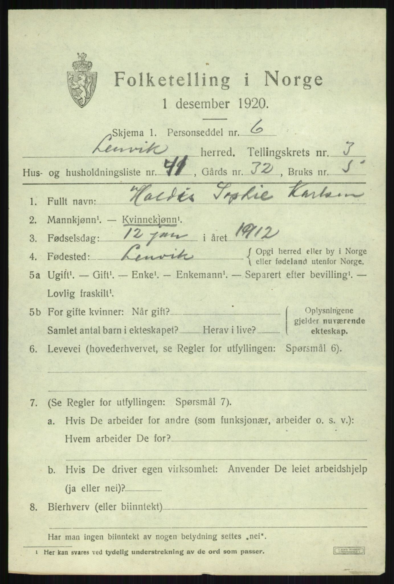 SATØ, 1920 census for Lenvik, 1920, p. 5300