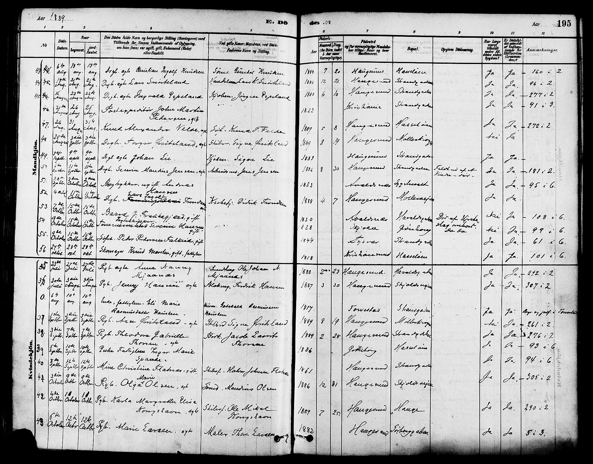 Haugesund sokneprestkontor, SAST/A -101863/H/Ha/Haa/L0003: Parish register (official) no. A 3, 1885-1890, p. 195