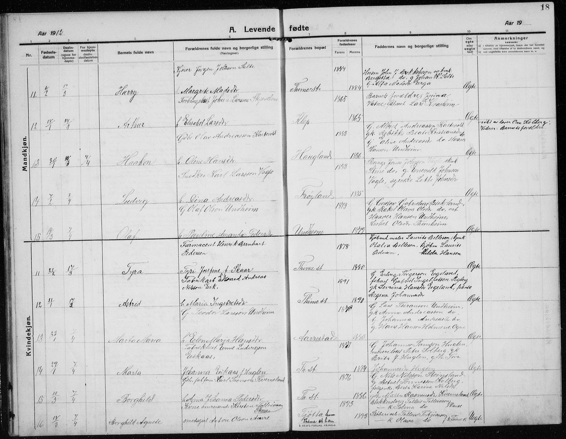 Time sokneprestkontor, AV/SAST-A-101795/001/30BB/L0001: Parish register (copy) no. B 1, 1910-1932, p. 18