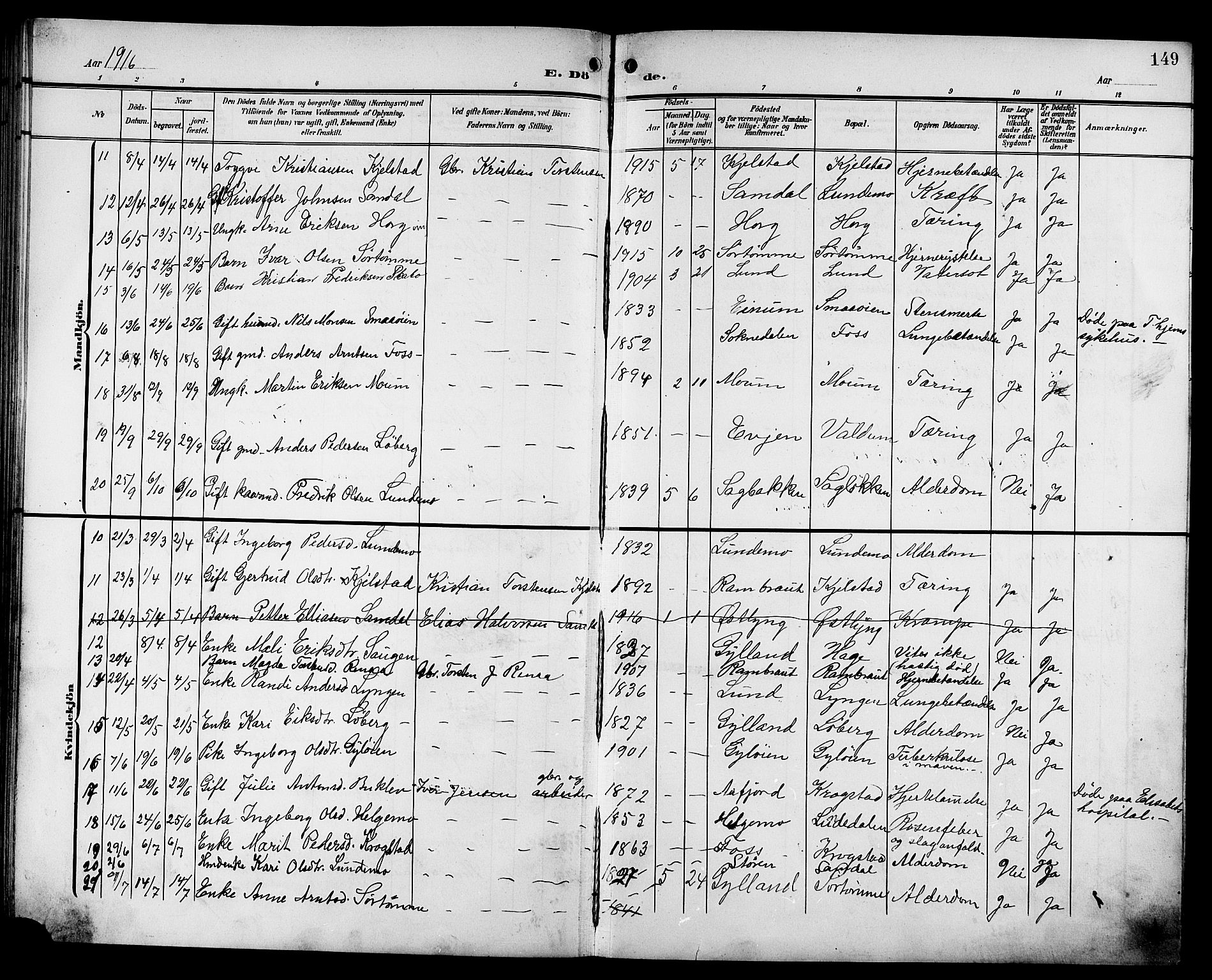Ministerialprotokoller, klokkerbøker og fødselsregistre - Sør-Trøndelag, SAT/A-1456/692/L1112: Parish register (copy) no. 692C07, 1904-1918, p. 149