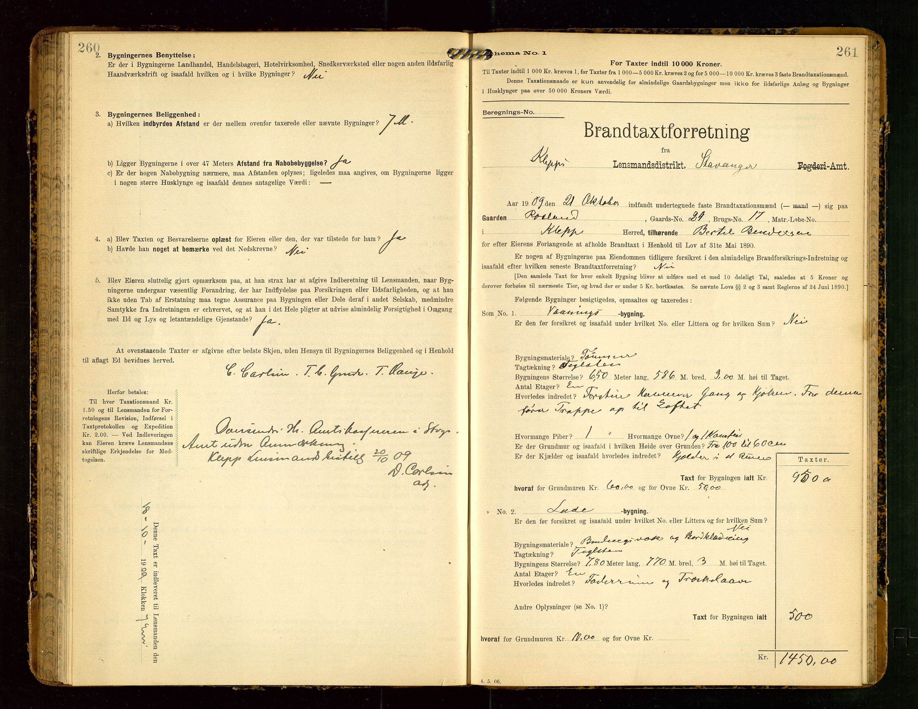 Klepp lensmannskontor, AV/SAST-A-100163/Goc/L0004: "Brandtaxationsprotokol" m/register, 1906-1908, p. 260-261