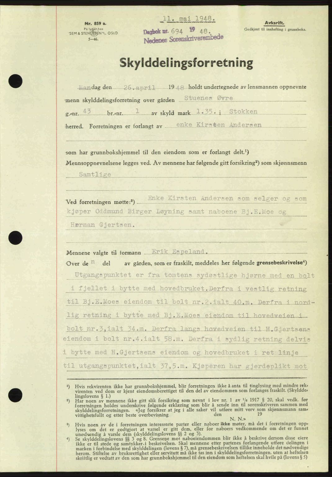 Nedenes sorenskriveri, SAK/1221-0006/G/Gb/Gba/L0059: Mortgage book no. A11, 1948-1948, Diary no: : 694/1948