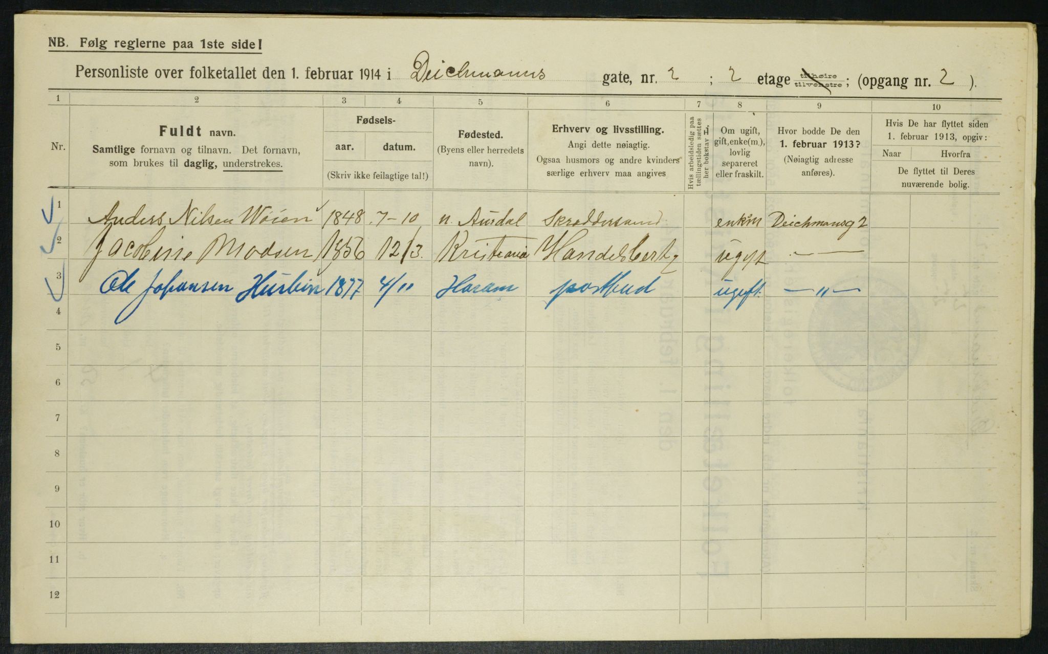 OBA, Municipal Census 1914 for Kristiania, 1914, p. 15538