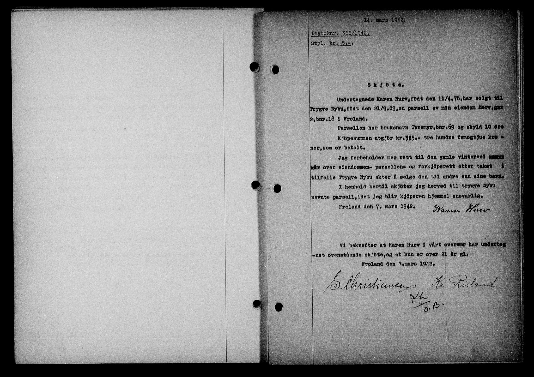 Nedenes sorenskriveri, SAK/1221-0006/G/Gb/Gba/L0049: Mortgage book no. A-III, 1941-1942, Diary no: : 368/1942