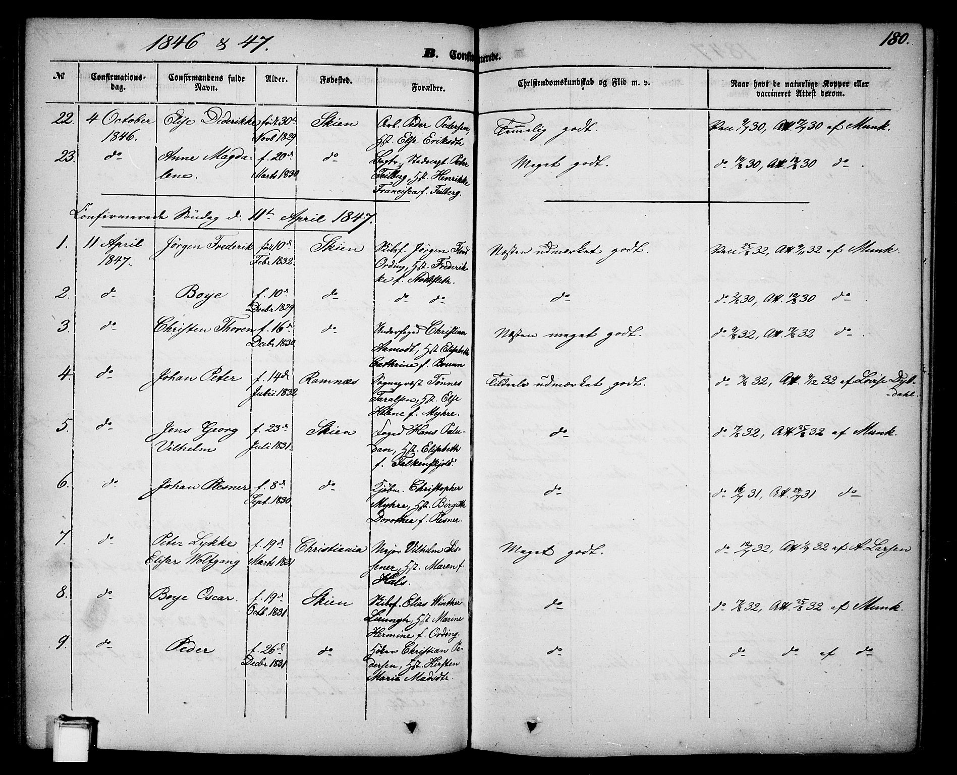 Skien kirkebøker, AV/SAKO-A-302/G/Ga/L0004: Parish register (copy) no. 4, 1843-1867, p. 180