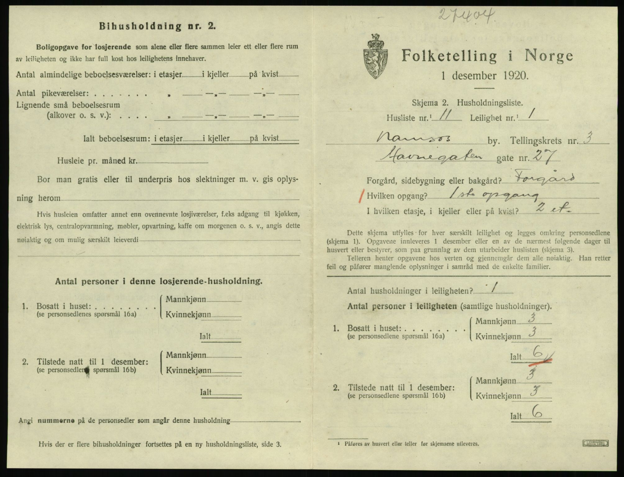 SAT, 1920 census for Namsos, 1920, p. 1163